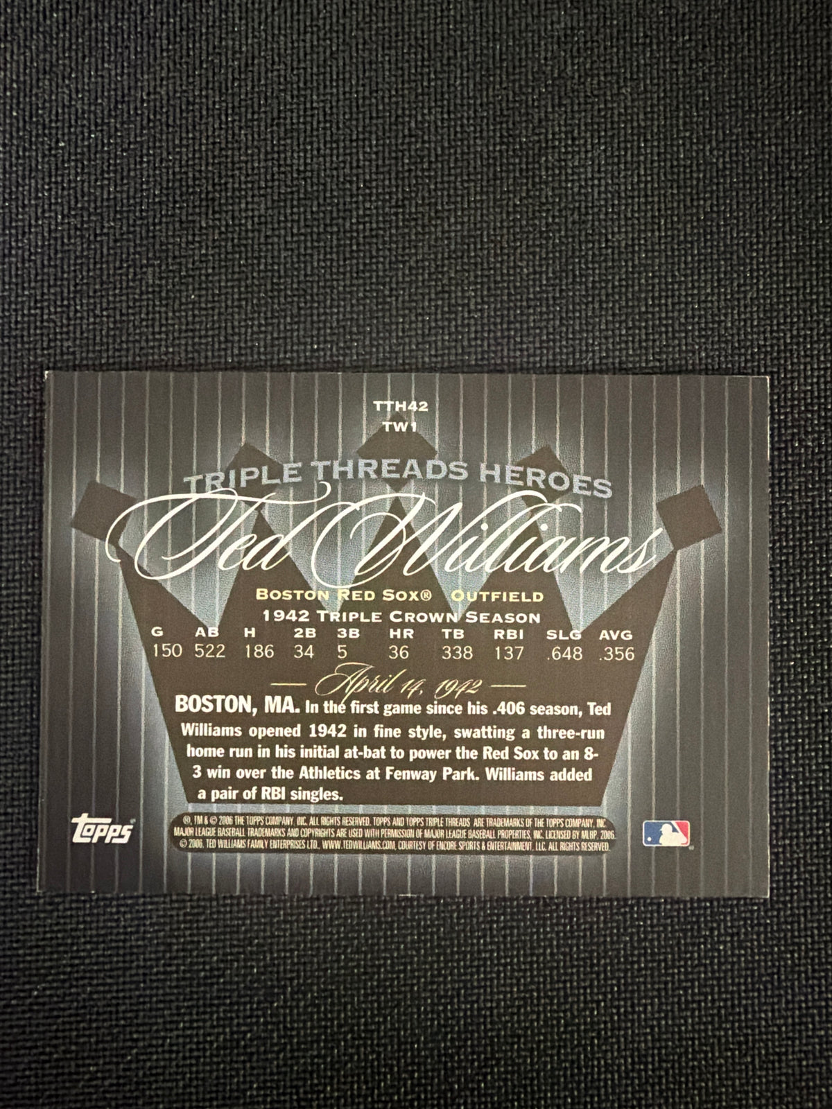 1942 Triple Threads Hero Ted Williams back