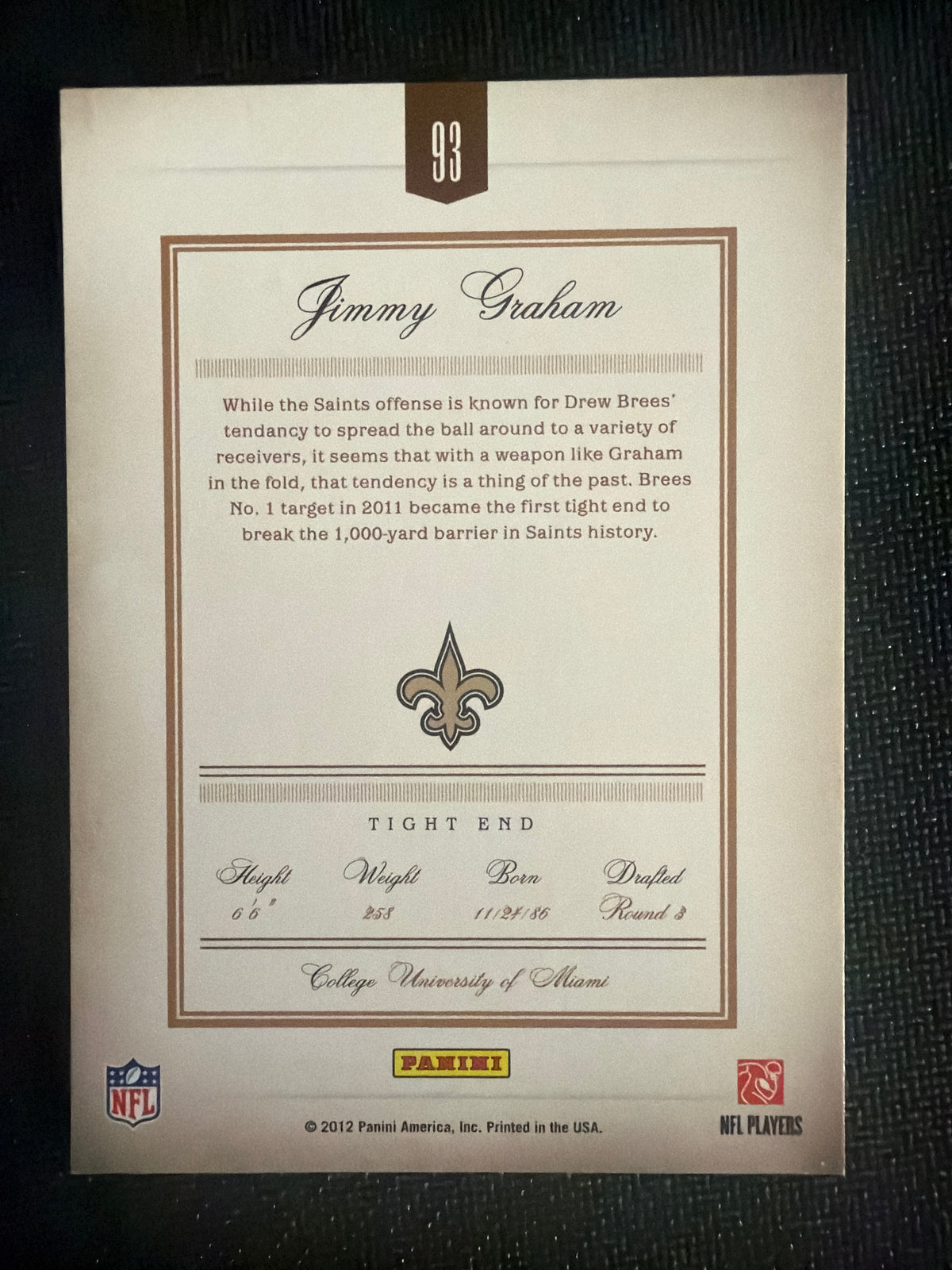 2012 Jimmy Graham Panini Prime Signatures 416/499 back