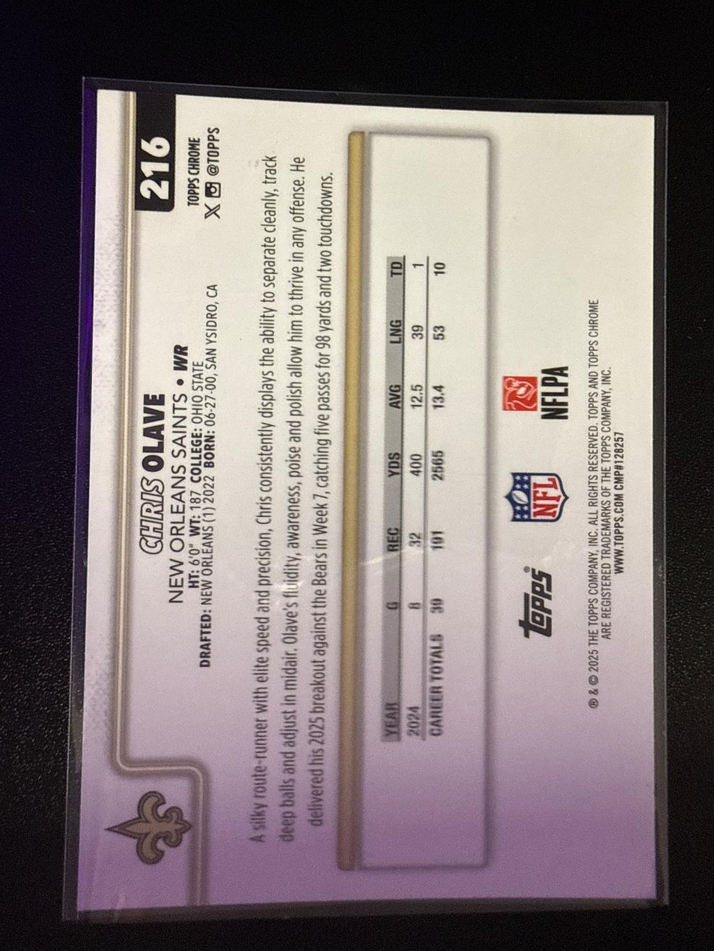 2025 Topps Chrome #216 Chris Olave Gold Ice #20/50 Saints DS-R-000012