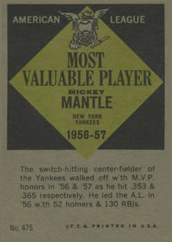 1961 Topps #475 Mickey Mantle PSA 8
