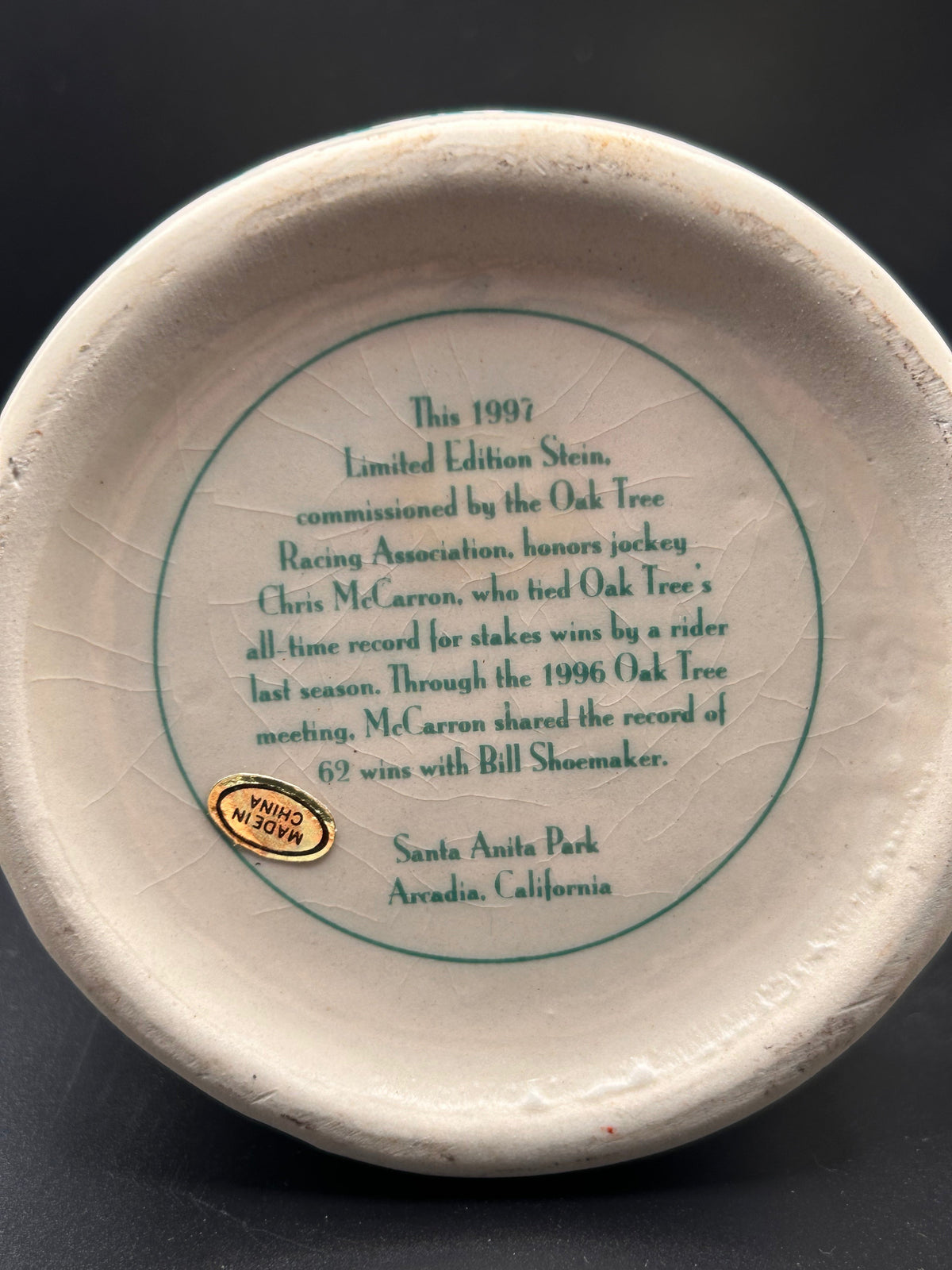 1997 Tribute to Chris McCarron Oak Tree Racing Commemorative Stein