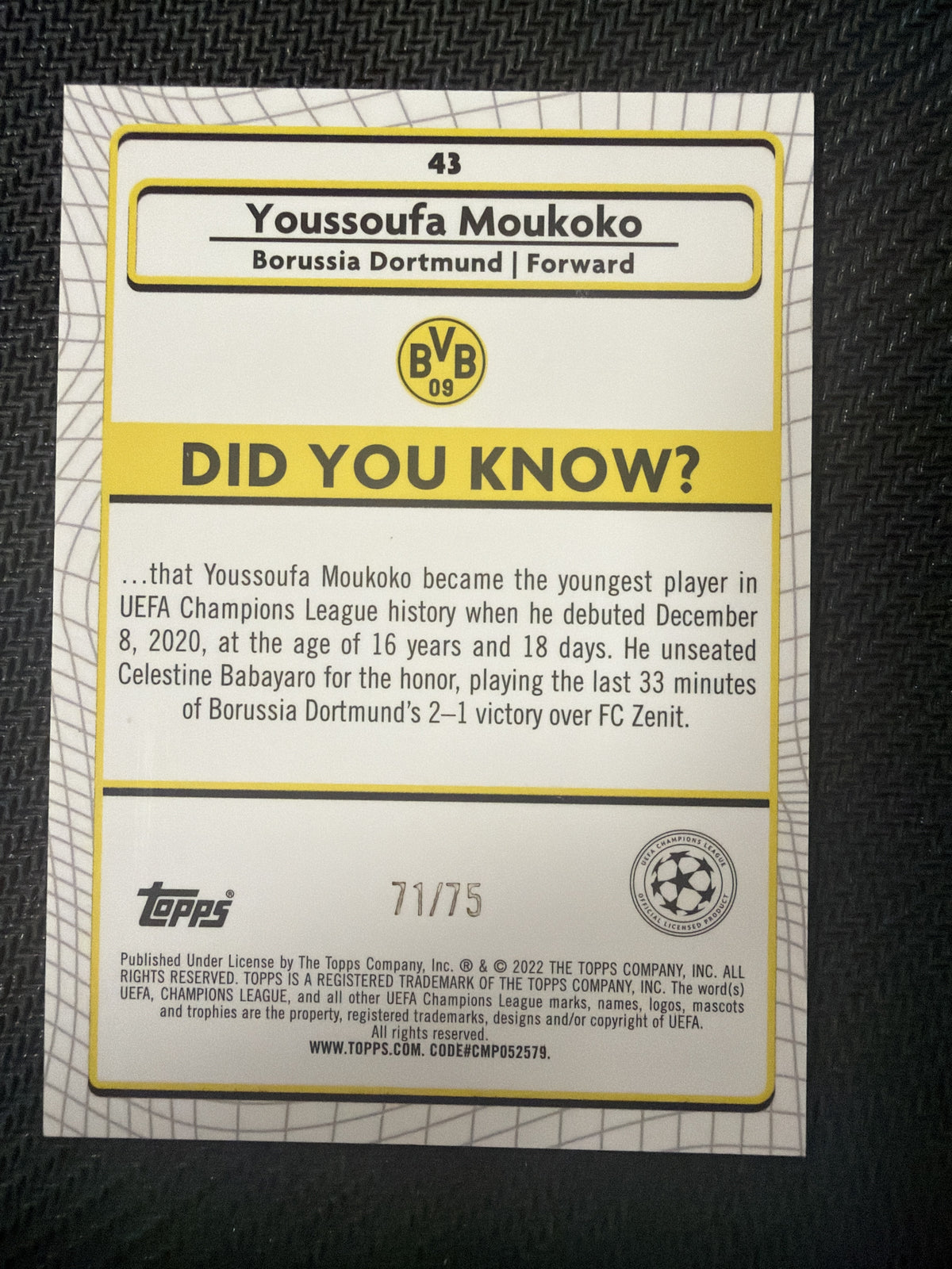 2021-2022 Topps Merlin Chrom UEFA League 43 Youssoufa Moukoko Aqua Prism Refractor back