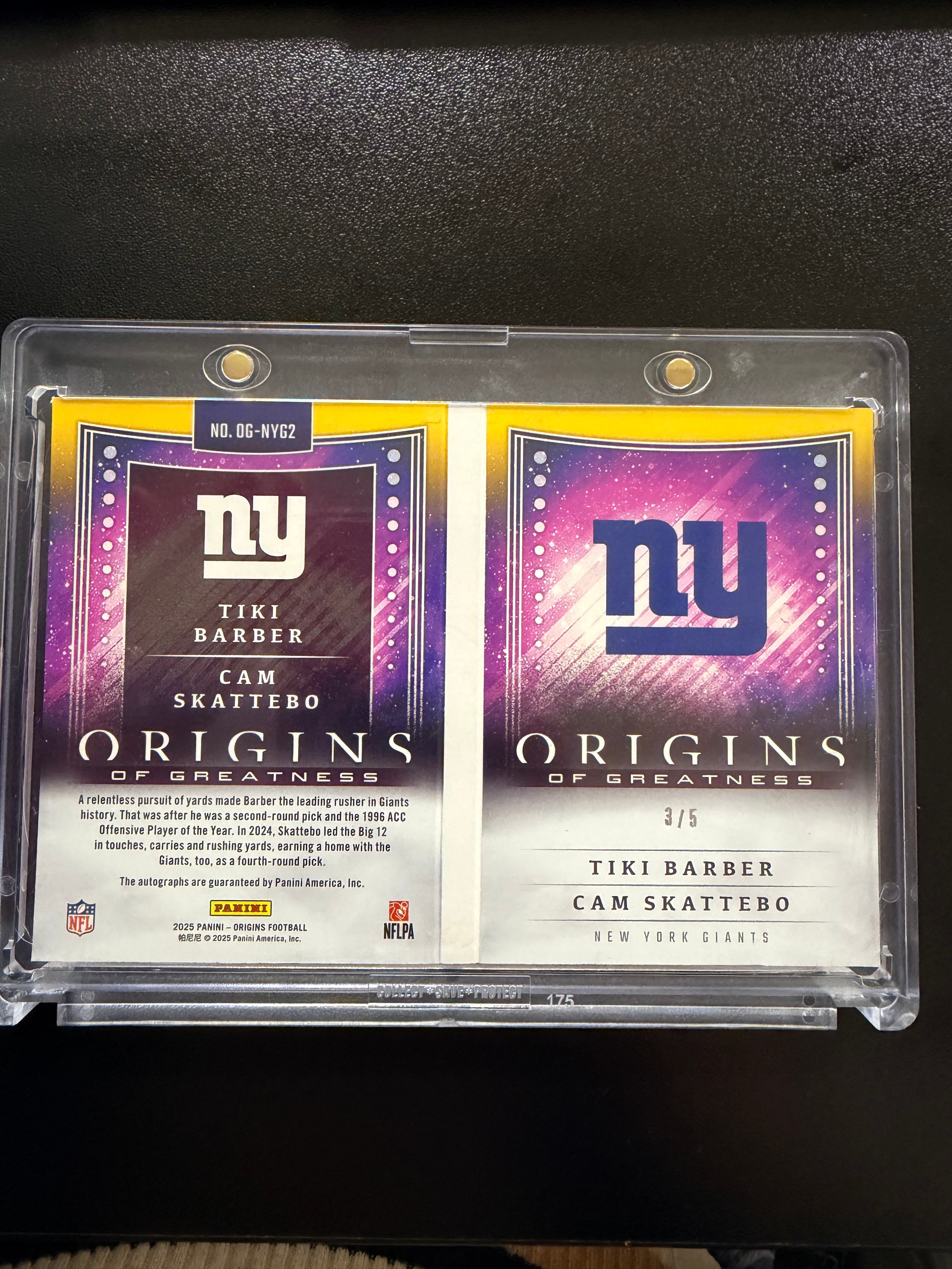 2025 Panini Origins of Greatness Tiki Barber & Cam Skattebo Duo