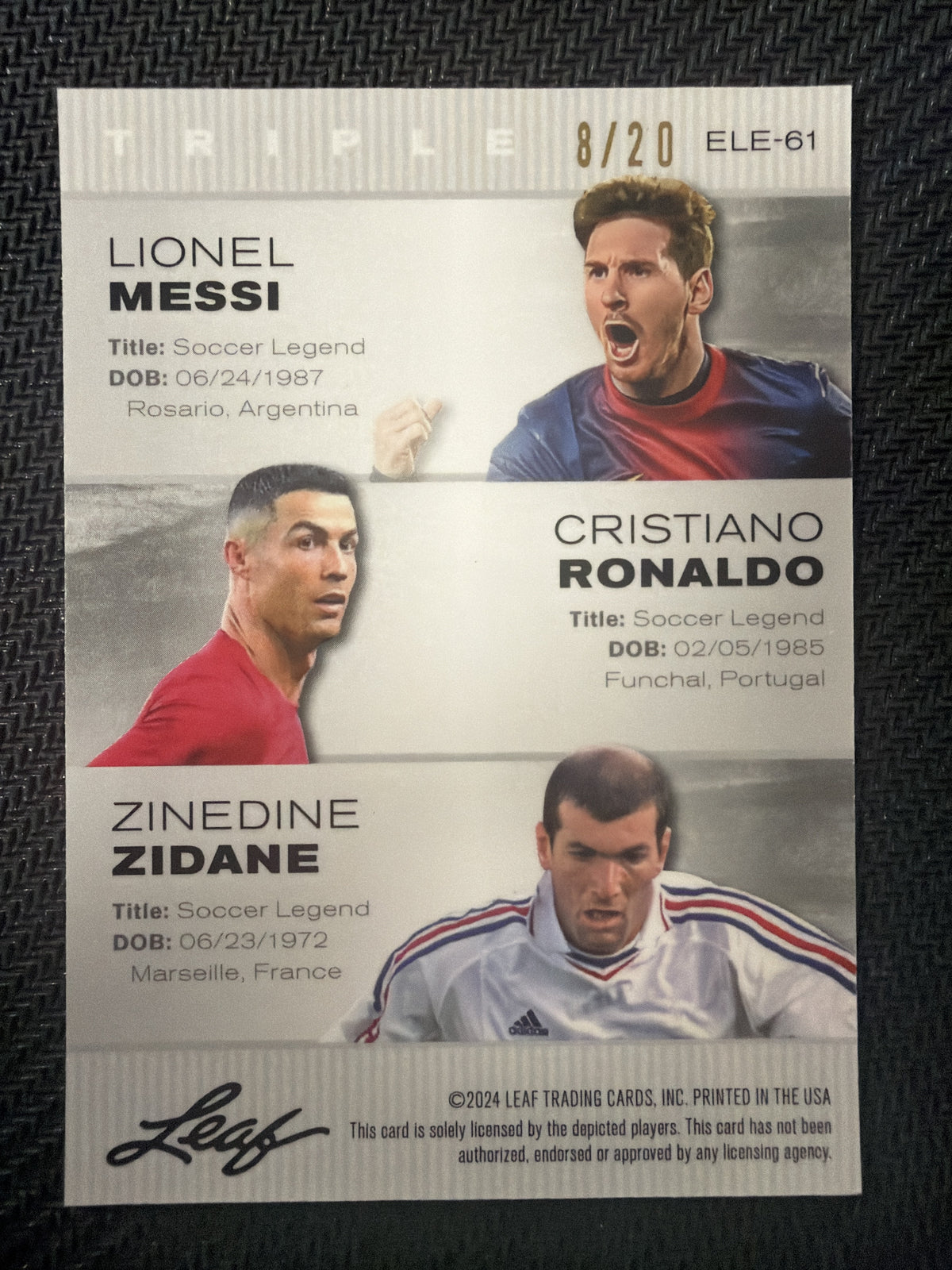 2024 Leaf Metal Exclusive Legends Messi/Ronaldo/Zidane back