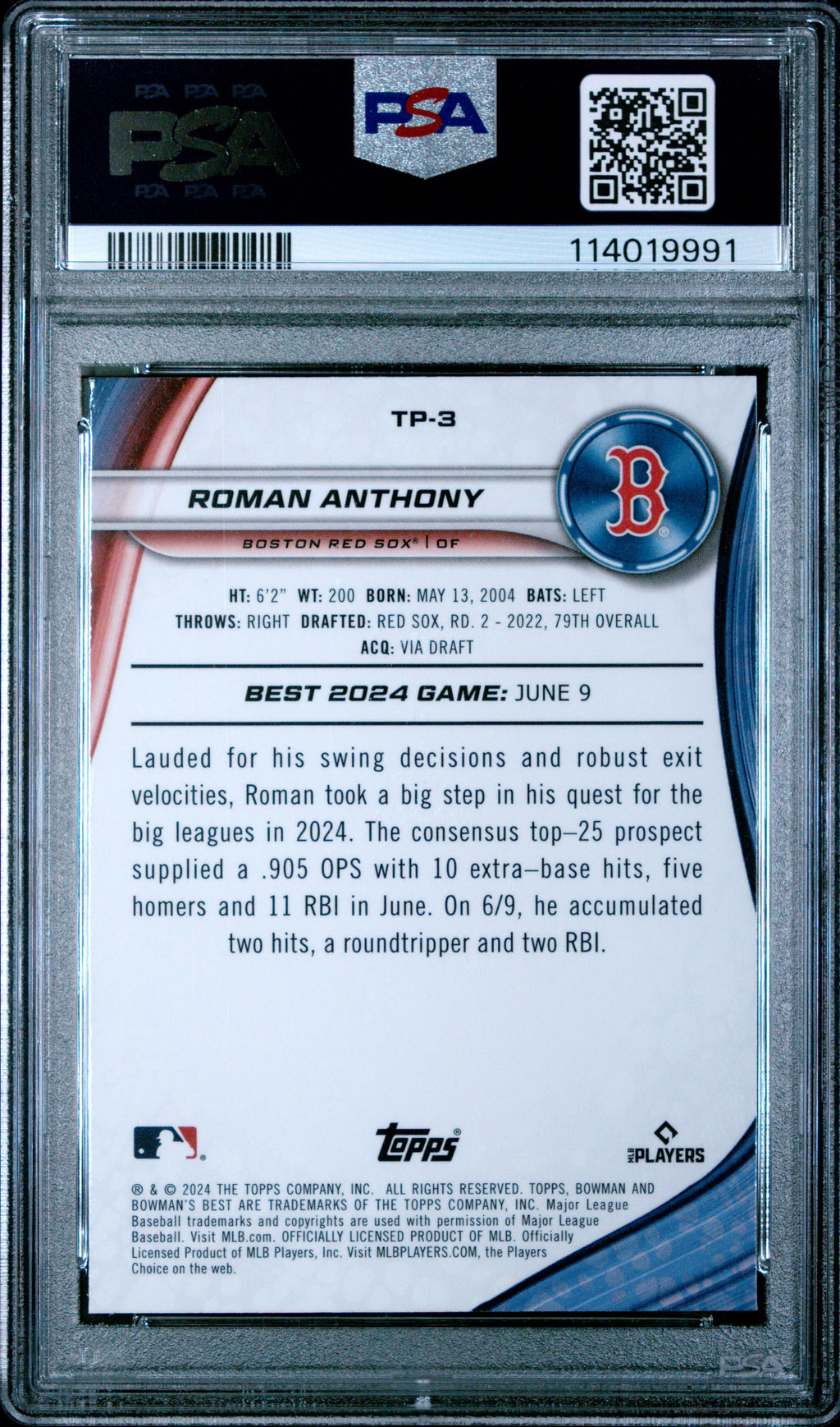 2024 Bowman'S Best #TP3 Roman Anthony Top Prospects-Purple Ref PSA 9