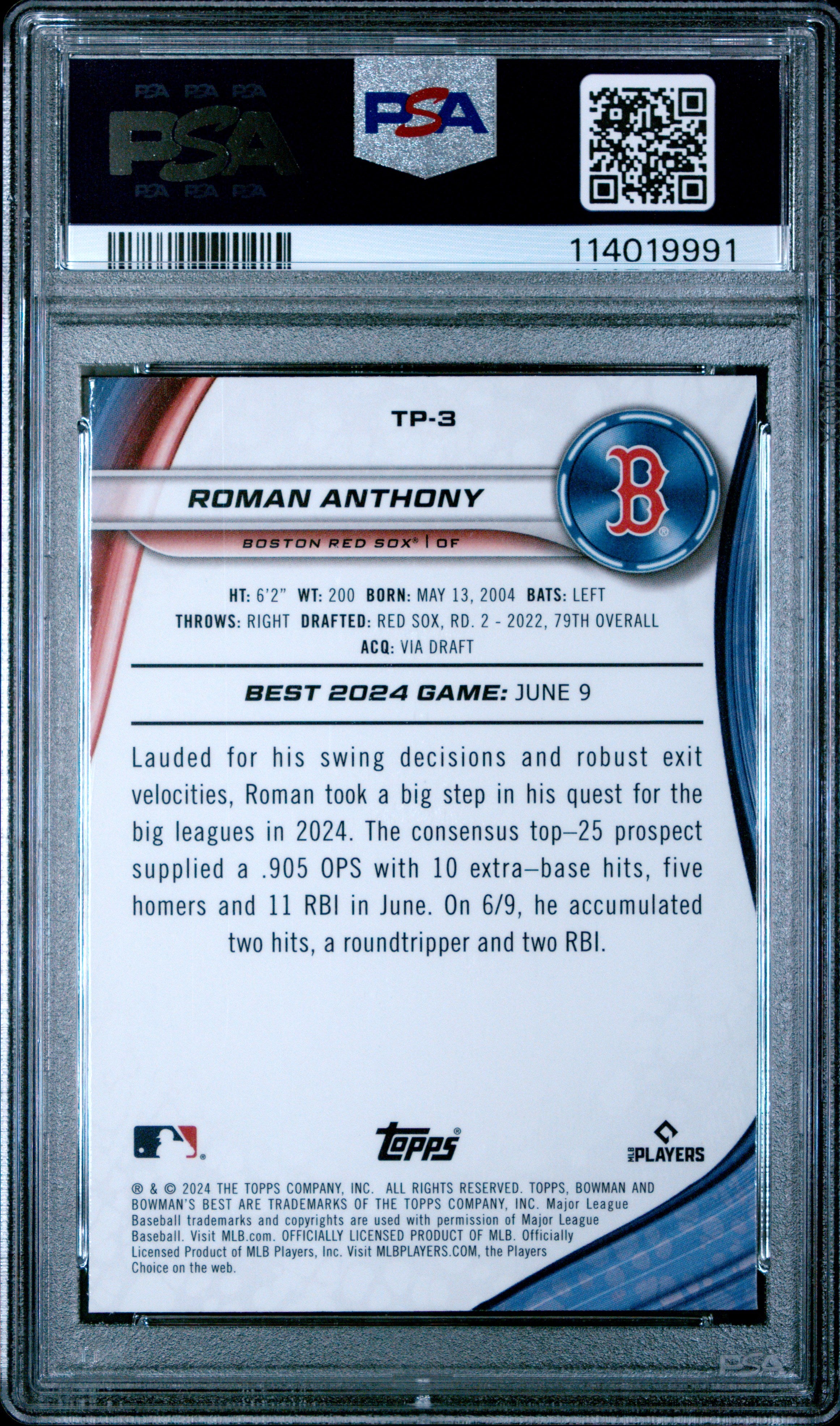 2024 Bowman'S Best #TP3 Roman Anthony Top Prospects-Purple Ref PSA 9