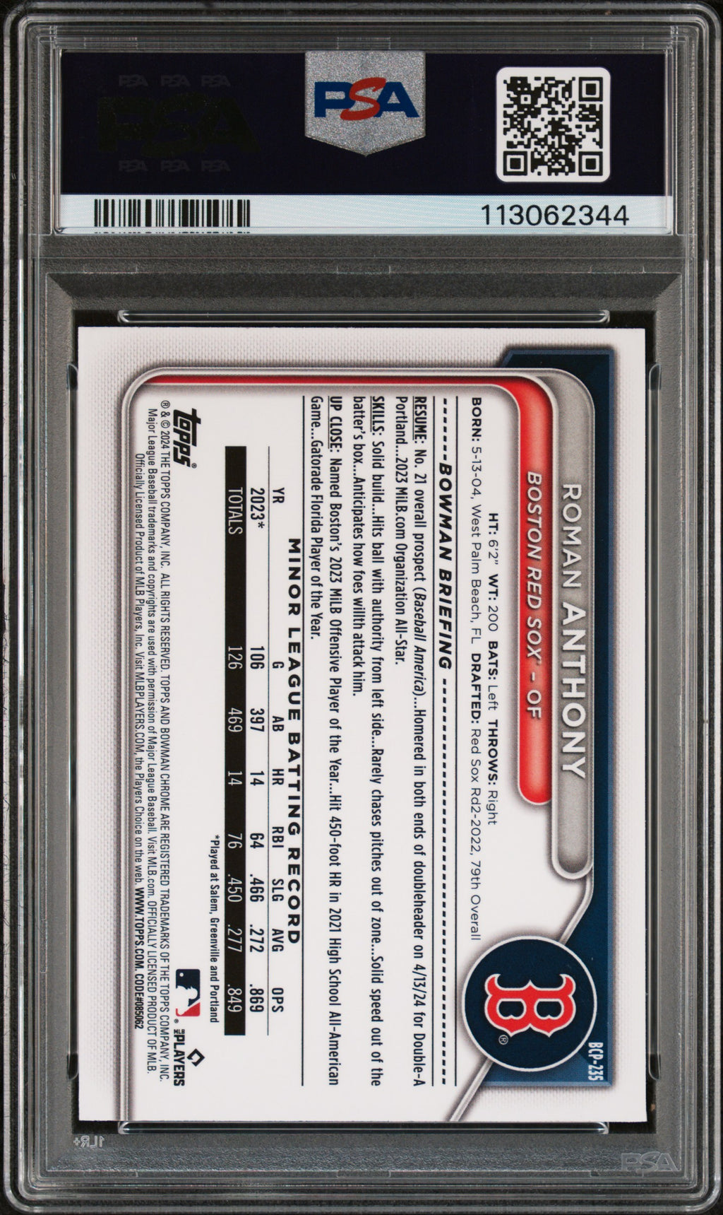 2024 Bowman Chrome Prospects #BCP235 Roman Anthony Purple Shimmer PSA 9