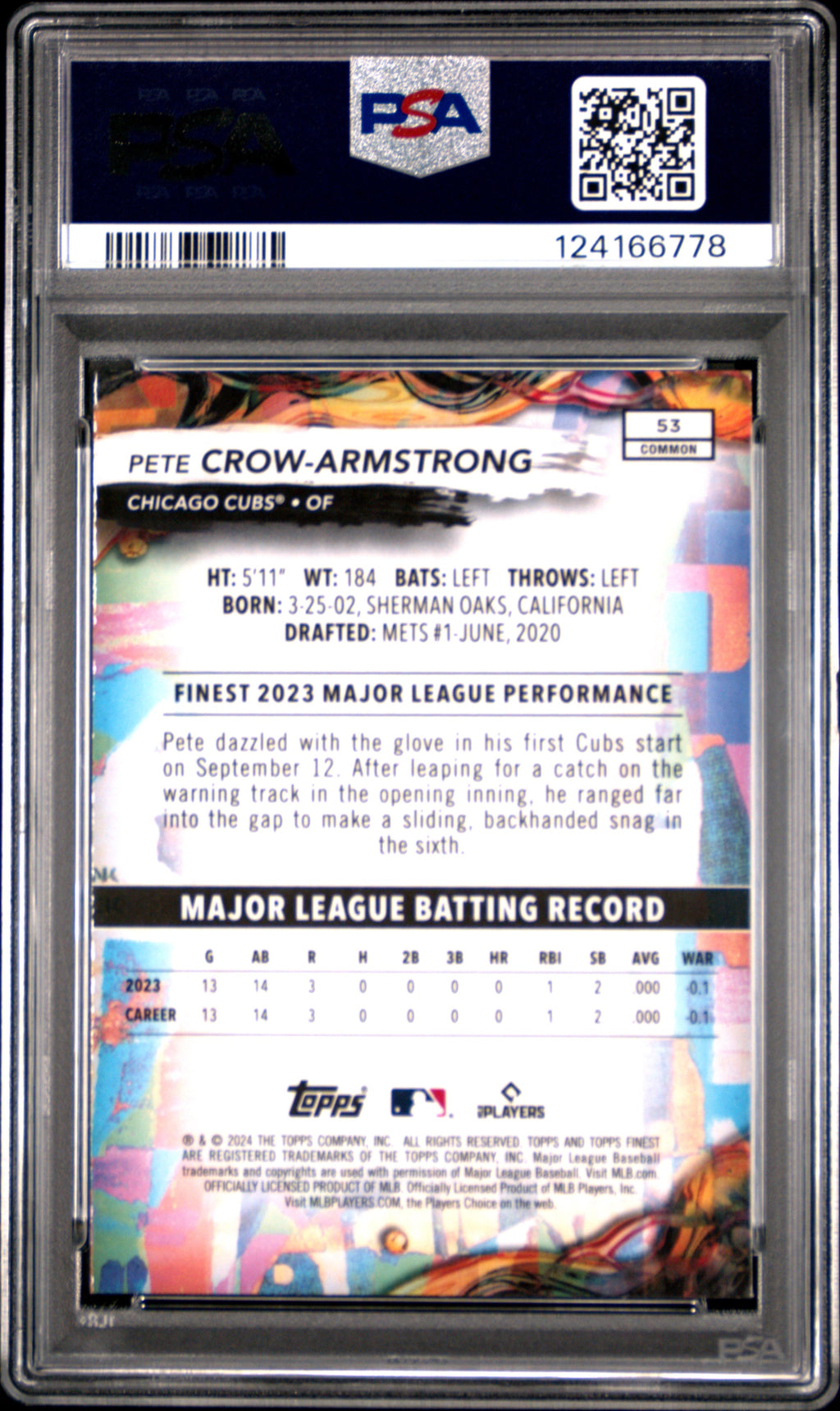 2024 Topps Finest #53 Pete Crow-Armstrong PSA 10