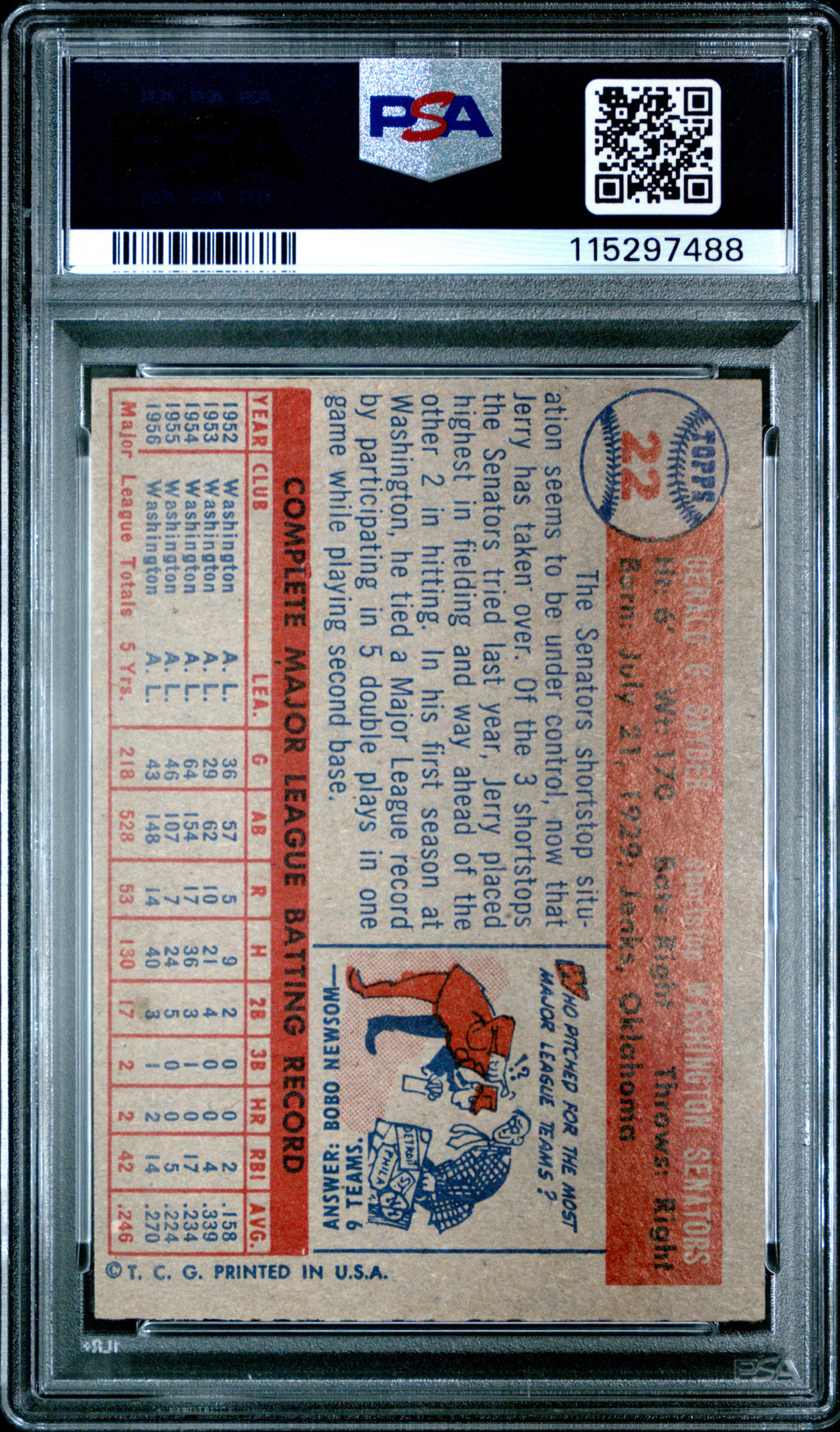 1957 Topps #22 Jerry Snyder PSA 3