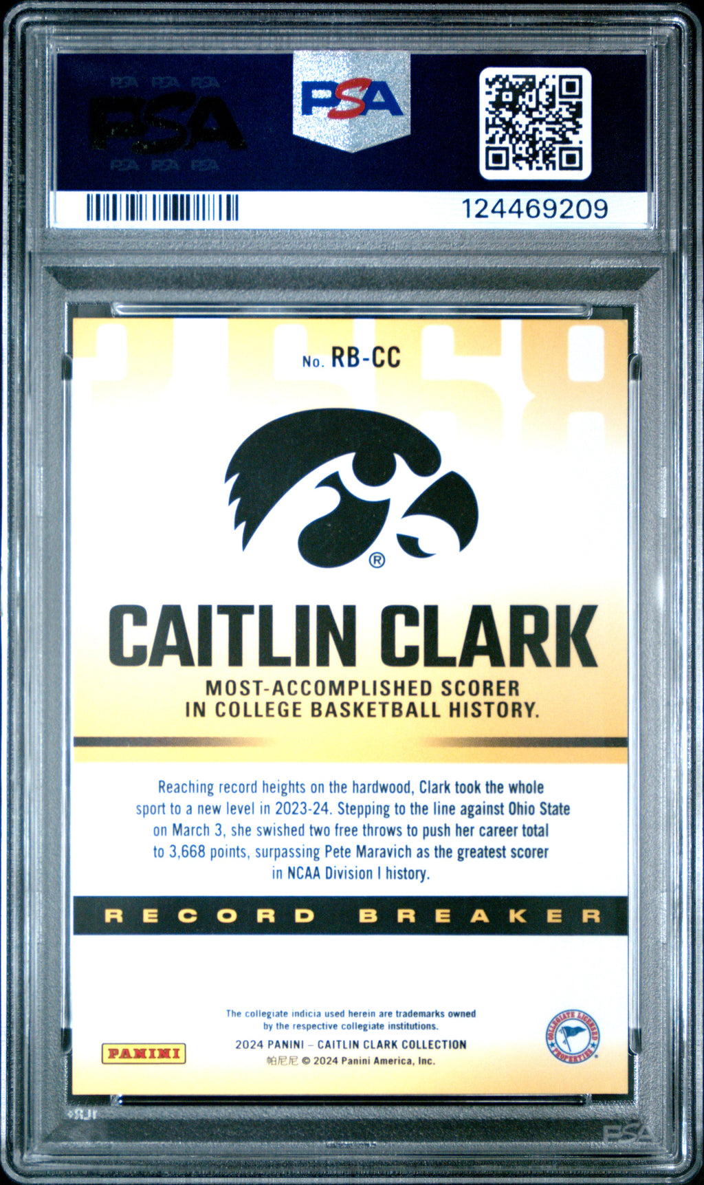 2024 Panini Caitlin Clark Collection Record Breaker #RBCC Caitlin Clark PSA 9