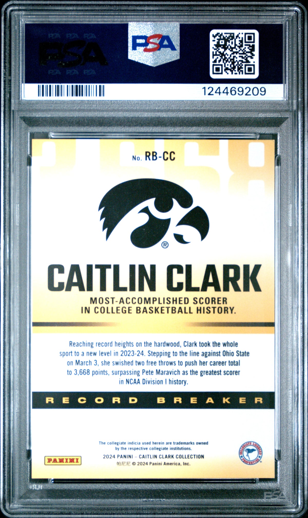 2024 Panini Caitlin Clark Collection Record Breaker #RBCC Caitlin Clark PSA 9