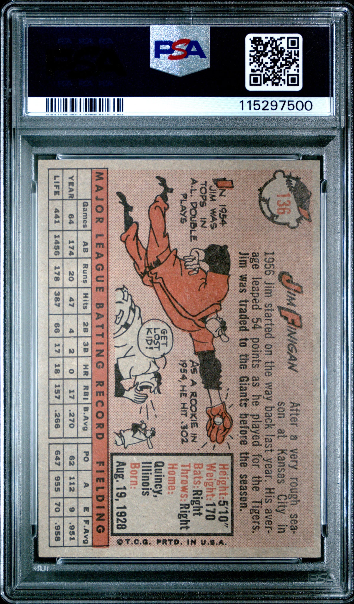 1958 Topps #136 Jim Finigan PSA 4
