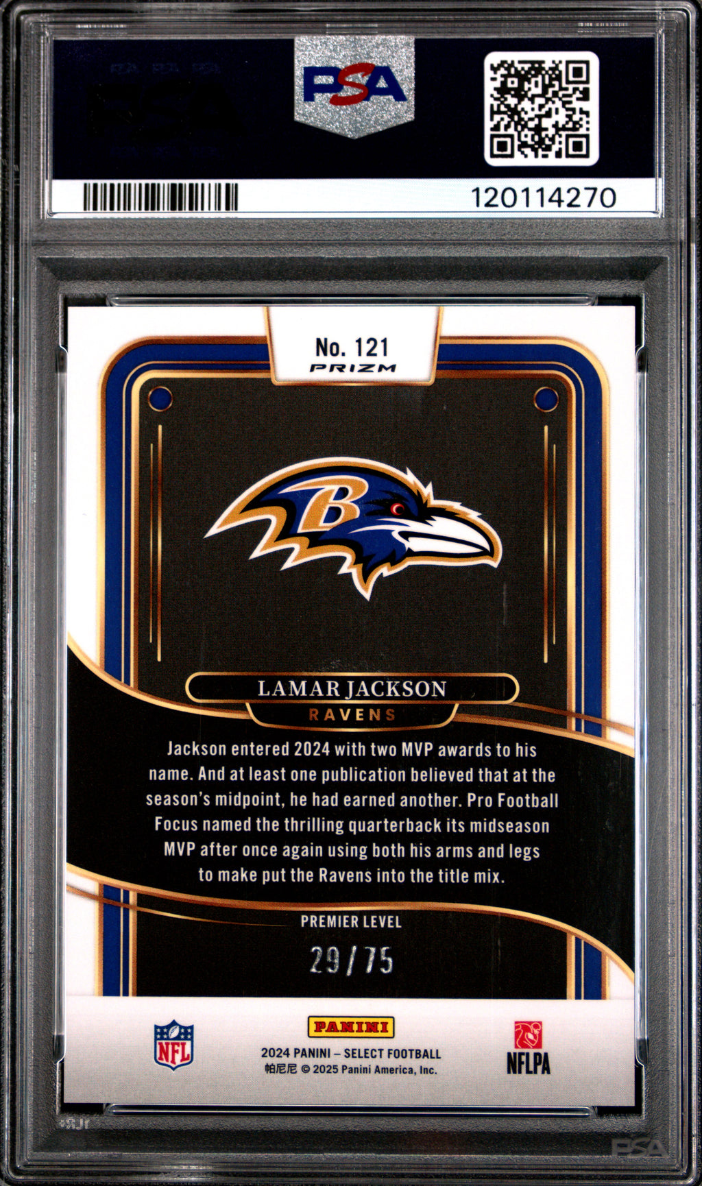 2024 Panini Select #121 Lamar Jackson Purple Prizm PSA 10