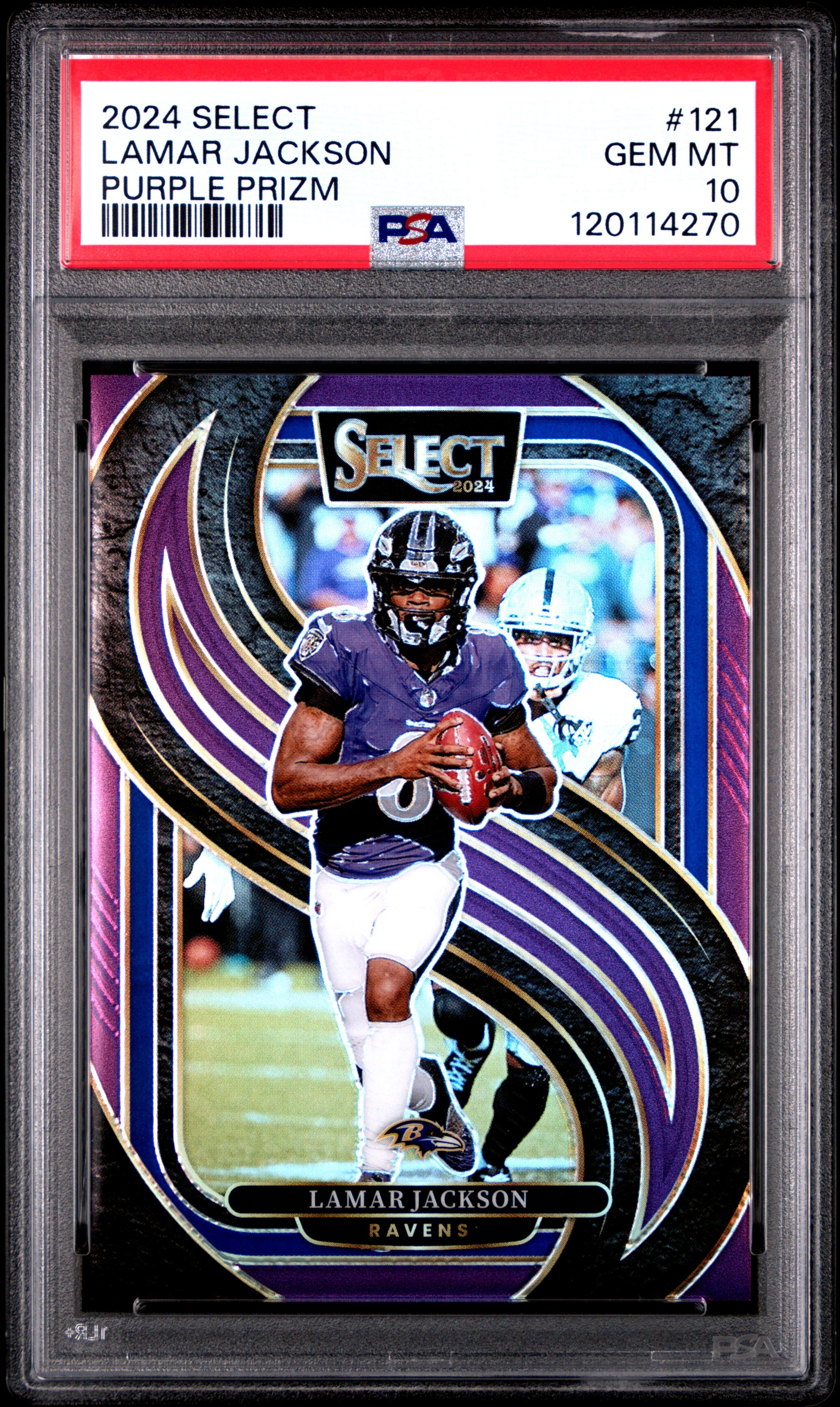 2024 Panini Select #121 Lamar Jackson Purple Prizm PSA 10