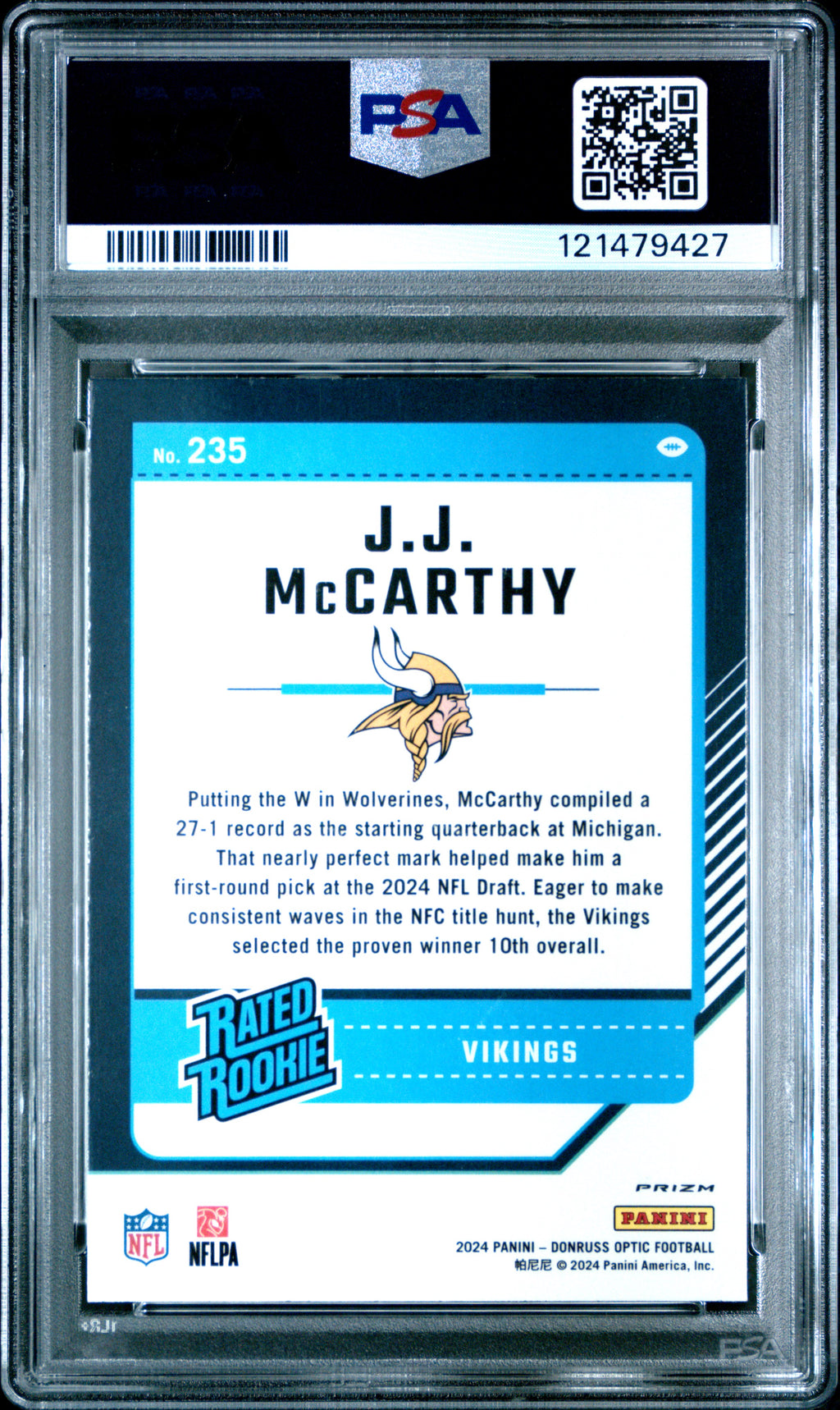 2024 Panini Donruss Optic #235 Jj Mccarthy Purple Shock PSA 9