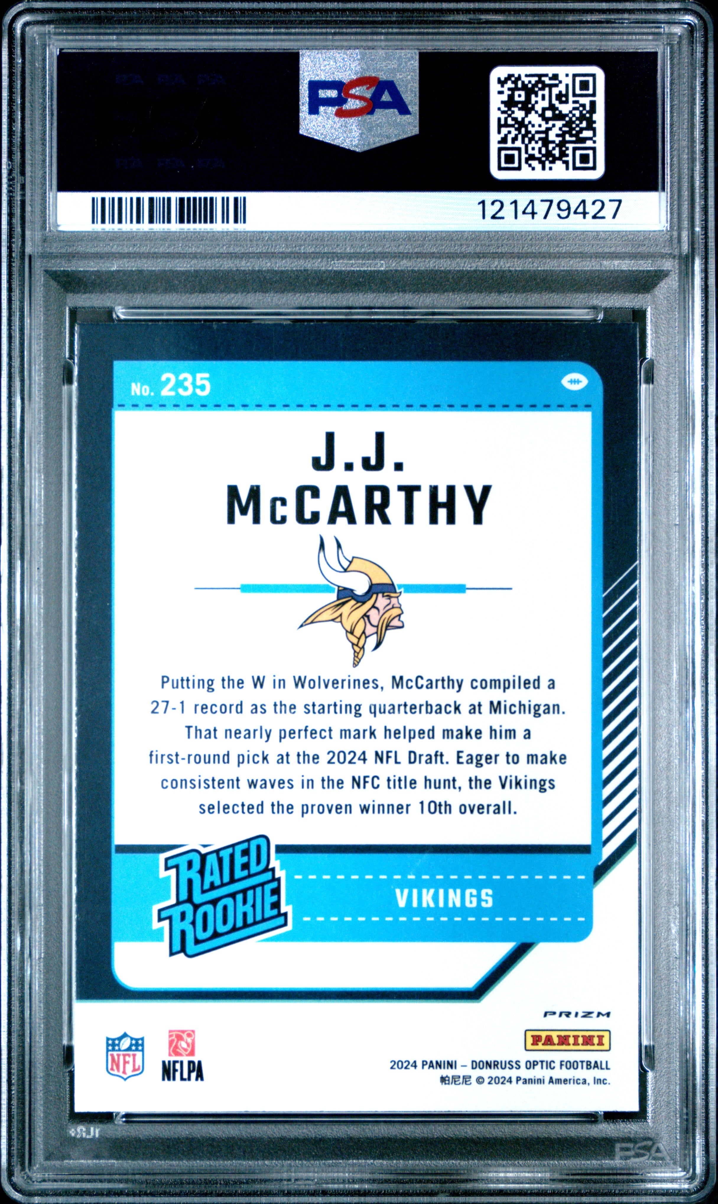 2024 Panini Donruss Optic #235 Jj Mccarthy Purple Shock PSA 9