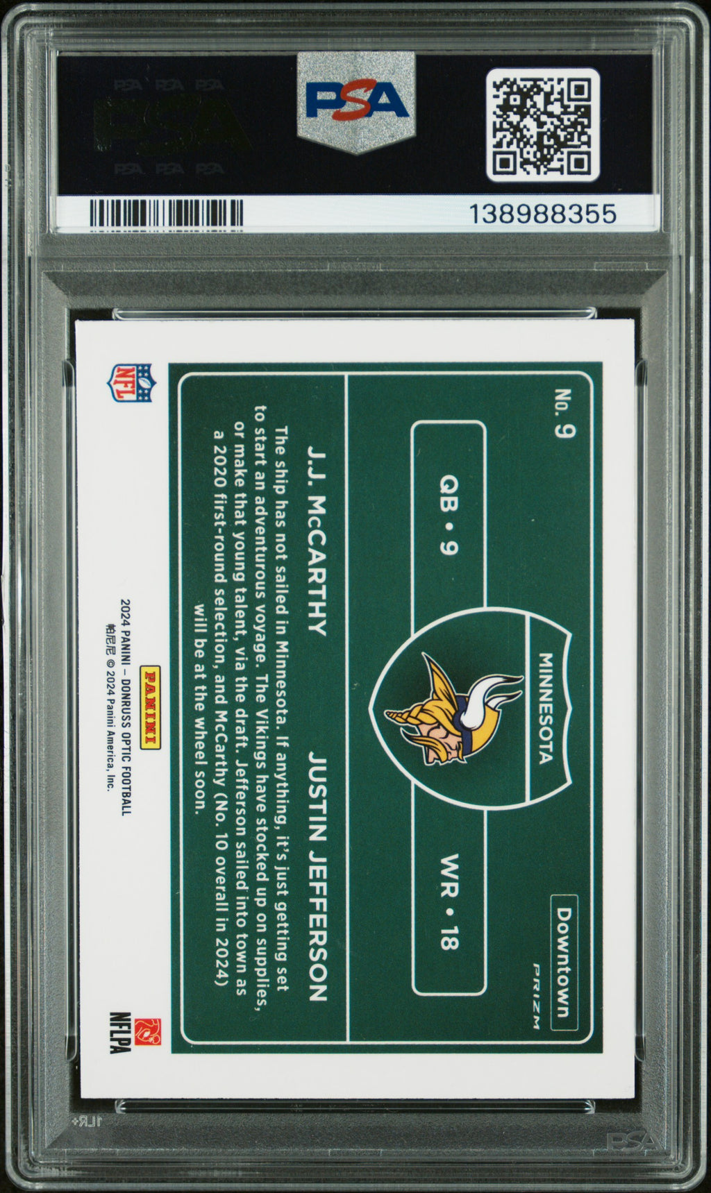 2024 Panini Donruss Optic Downtown Duos #9 Mccarthy/Jefferson PSA 9