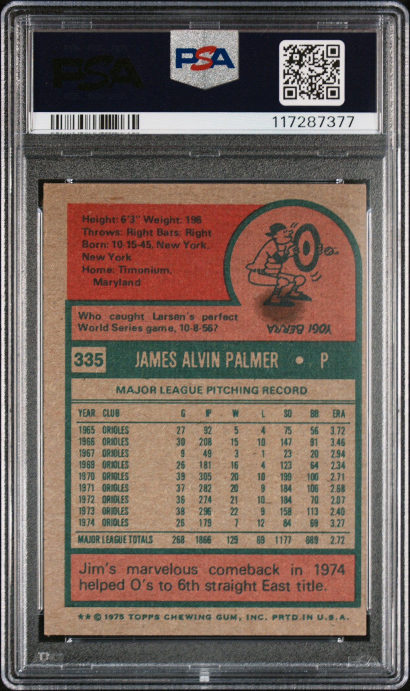 1975 Topps #335 Jim Palmer PSA 3