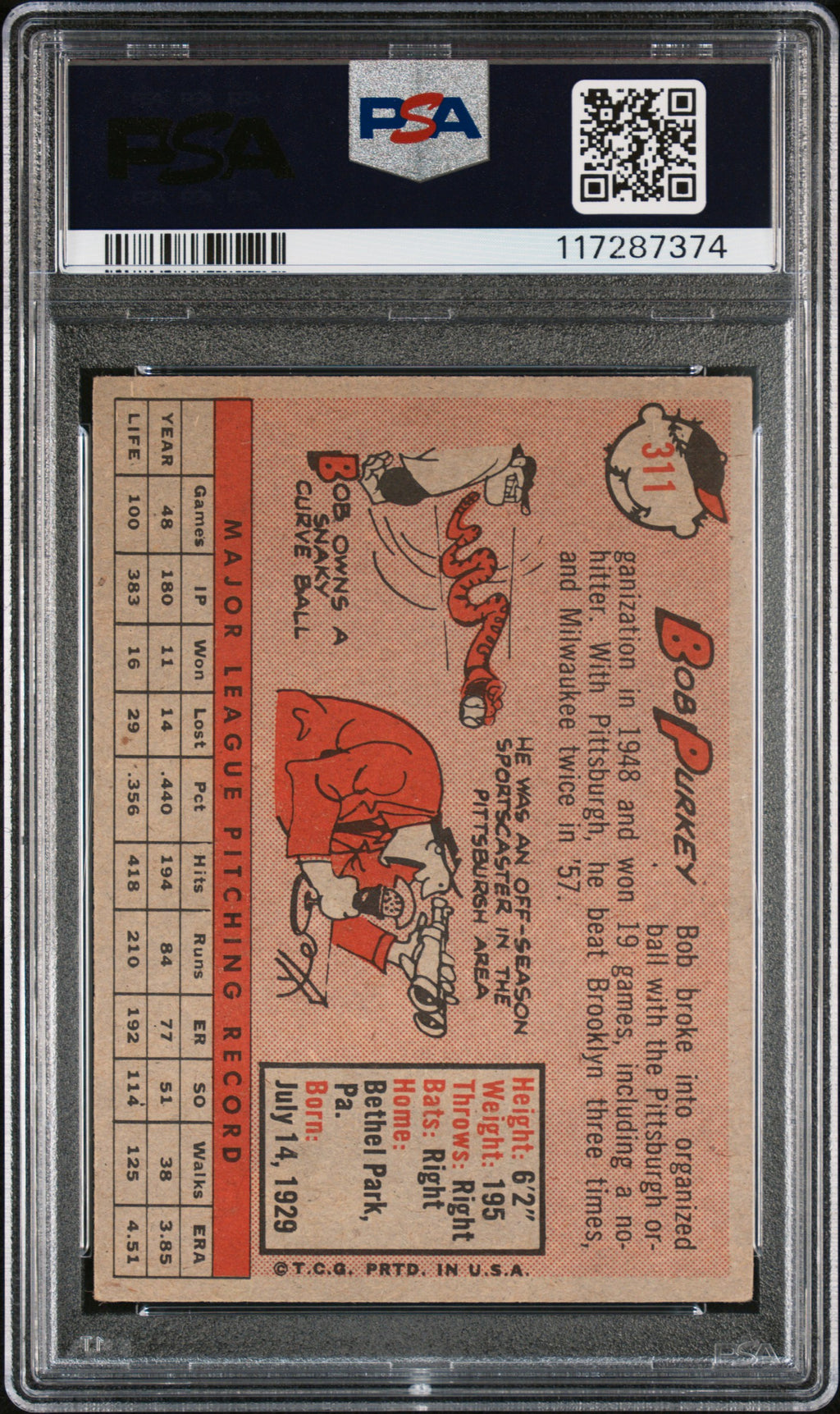 1958 Topps #311 Bob Purkey PSA 4