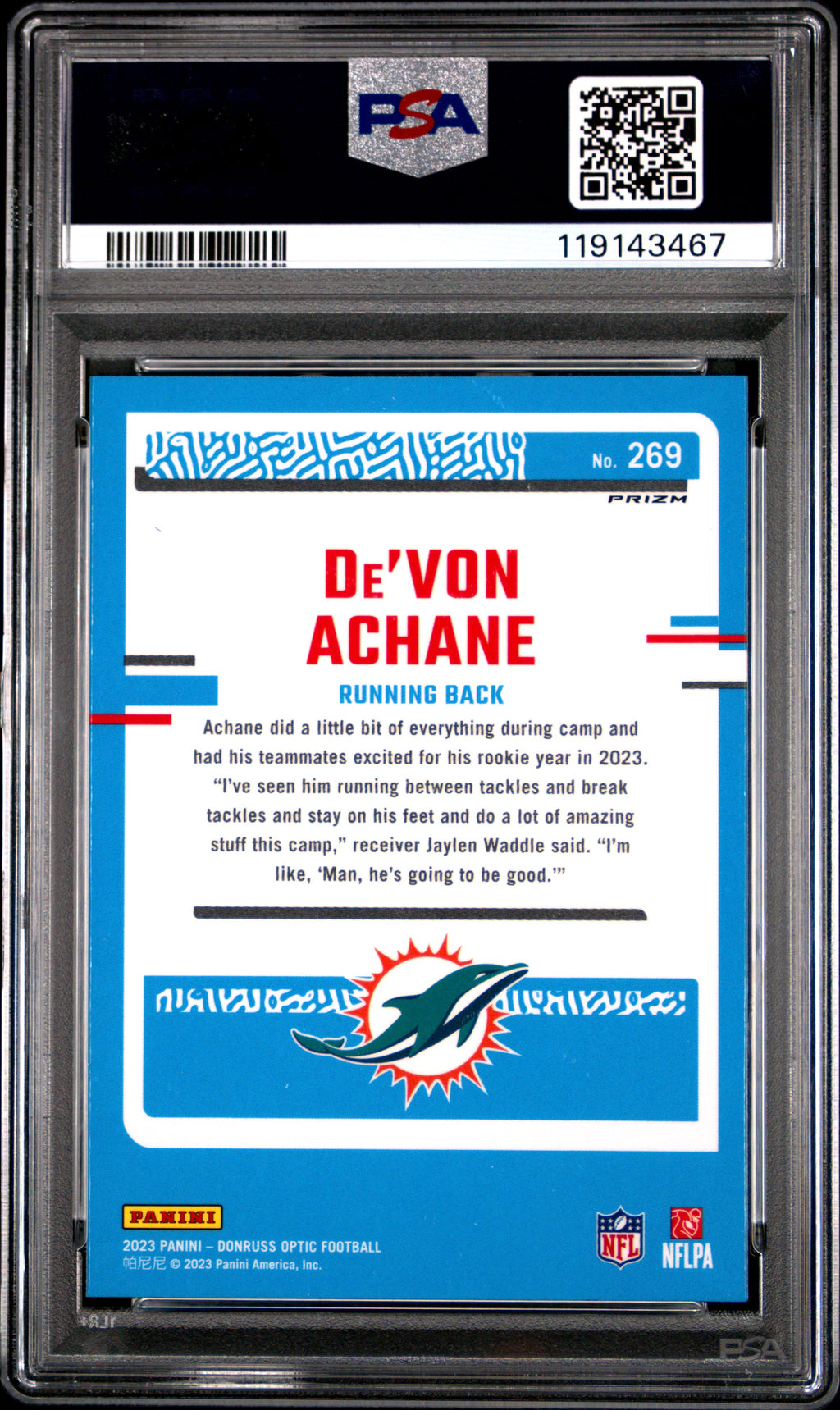 2023 Panini Donruss Optic #269 De'Von Achane Pink PSA 9