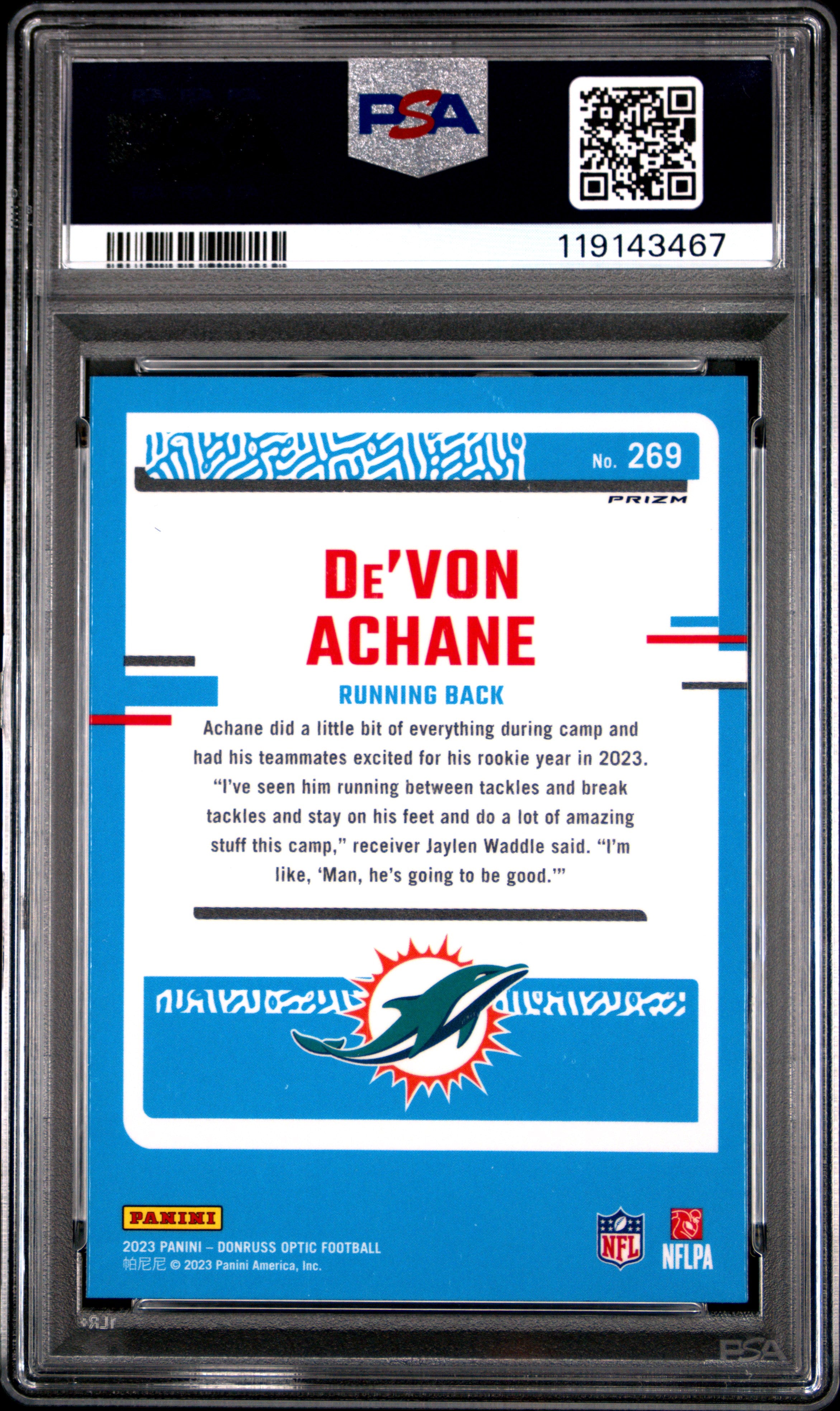 2023 Panini Donruss Optic #269 De'Von Achane Pink PSA 9