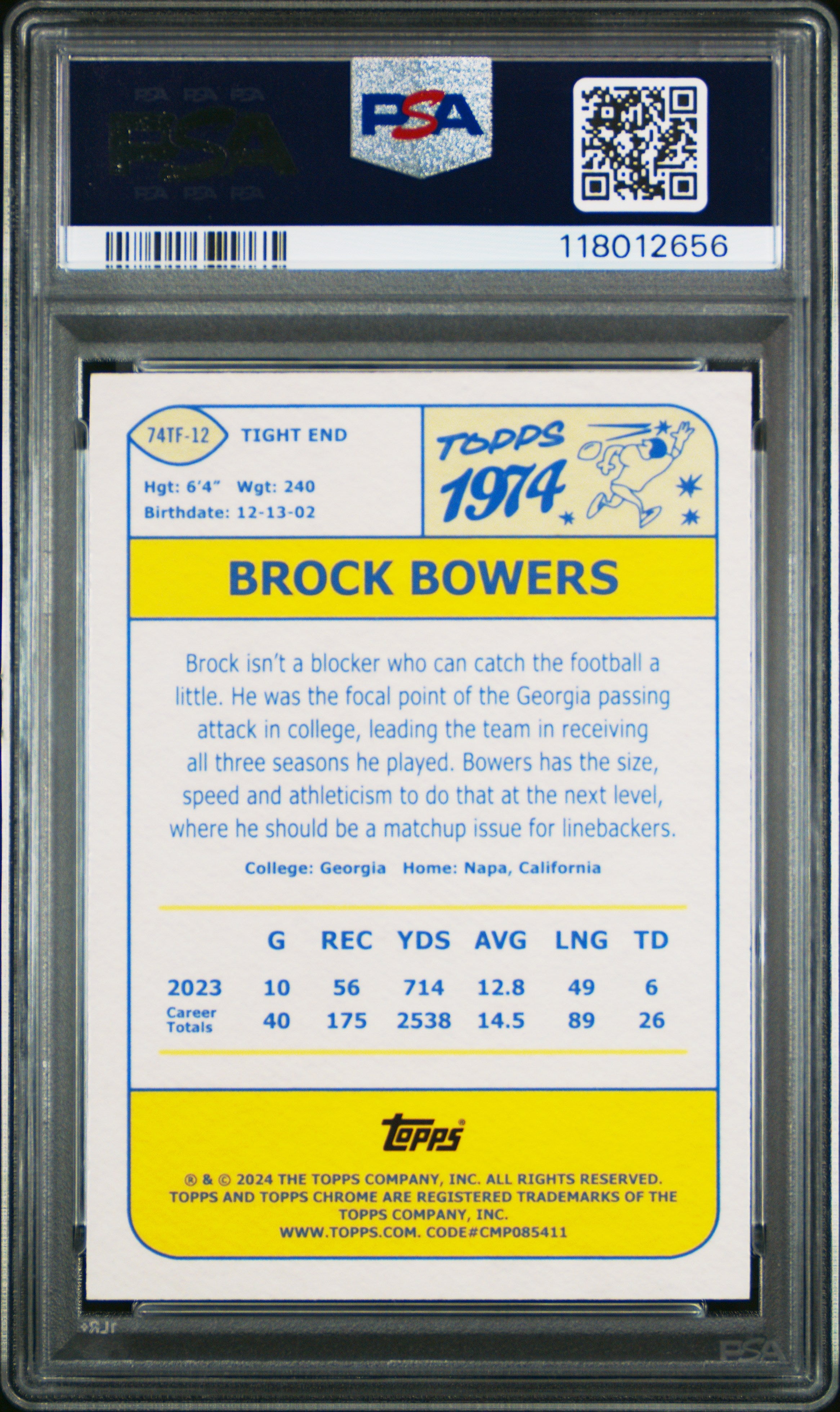 2024 Topps Chrome 1974 #74TF12 Brock Bowers-Pink Ref PSA 9