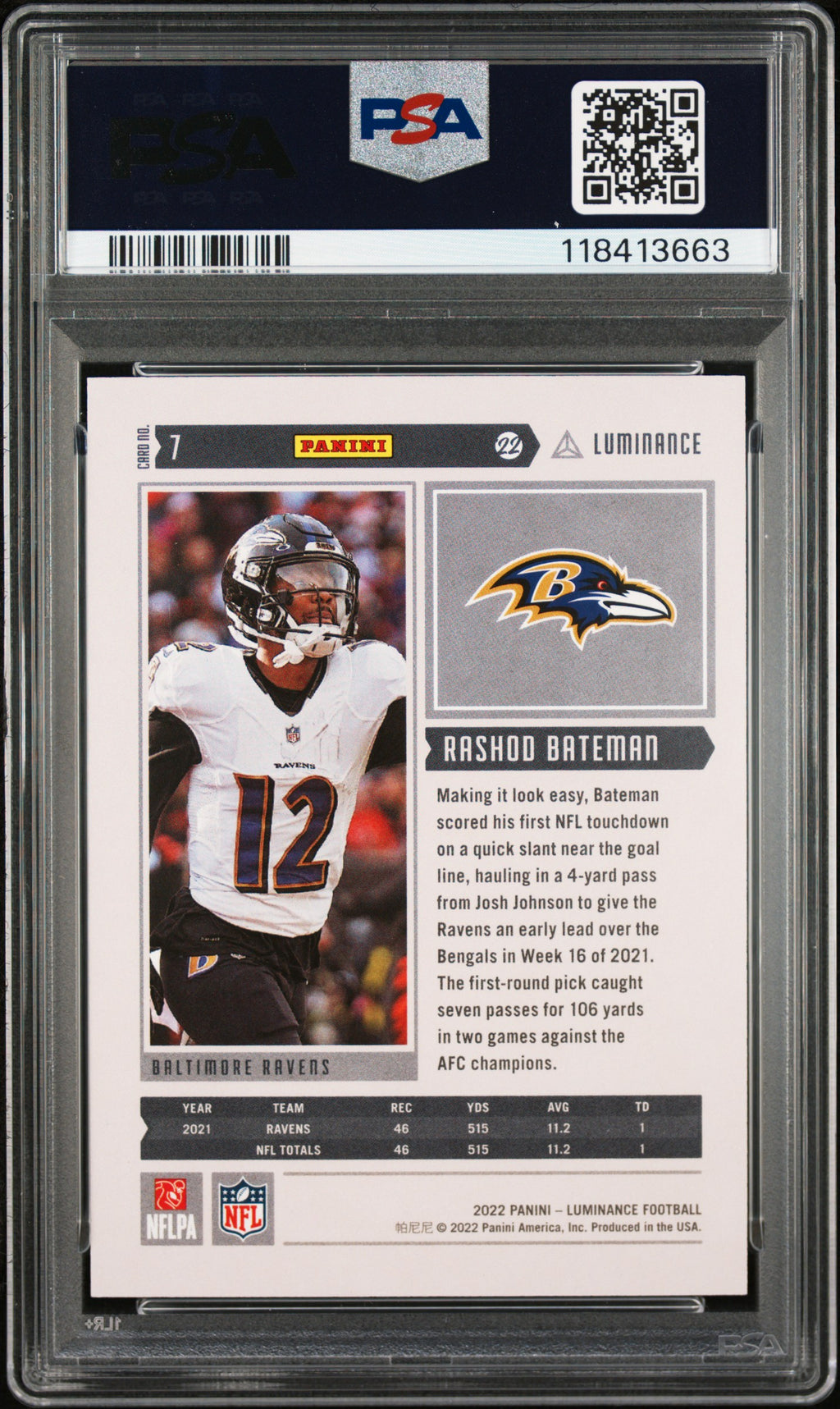 2022 Panini Luminance #7 Rashod Bateman Blue PSA 10