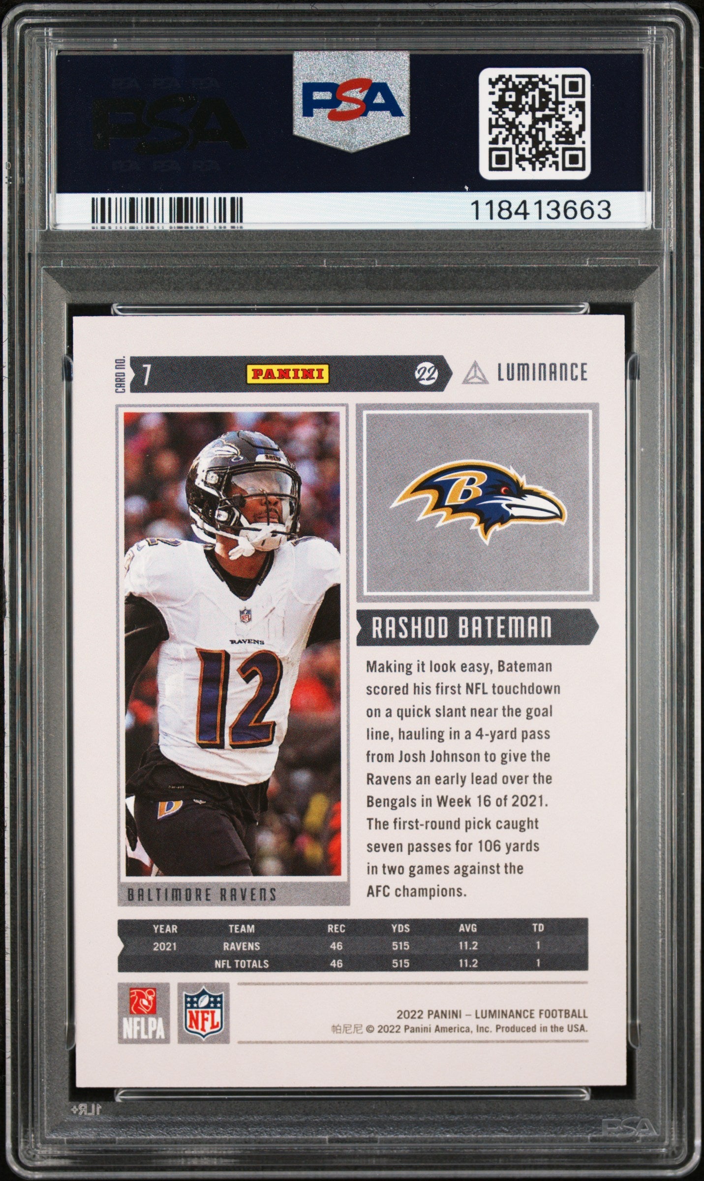 2022 Panini Luminance #7 Rashod Bateman Blue PSA 10