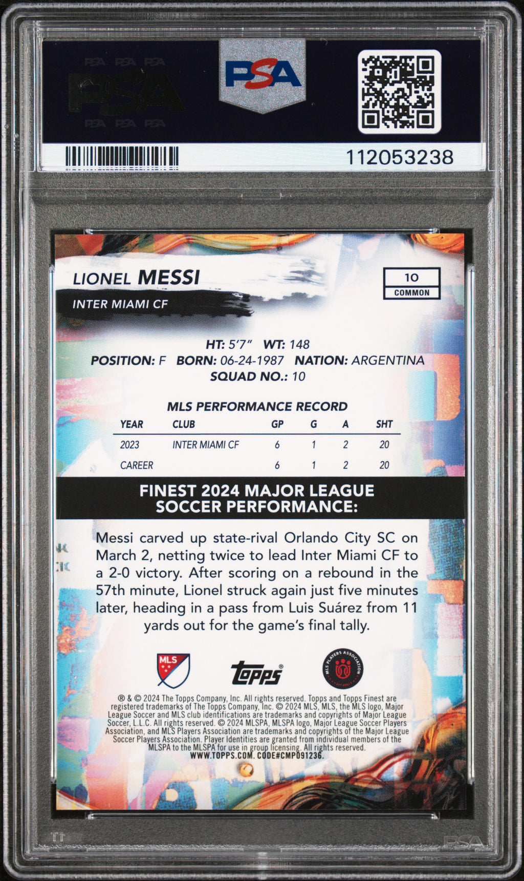 2024 Topps Finest Mls #10 Lionel Messi PSA 9