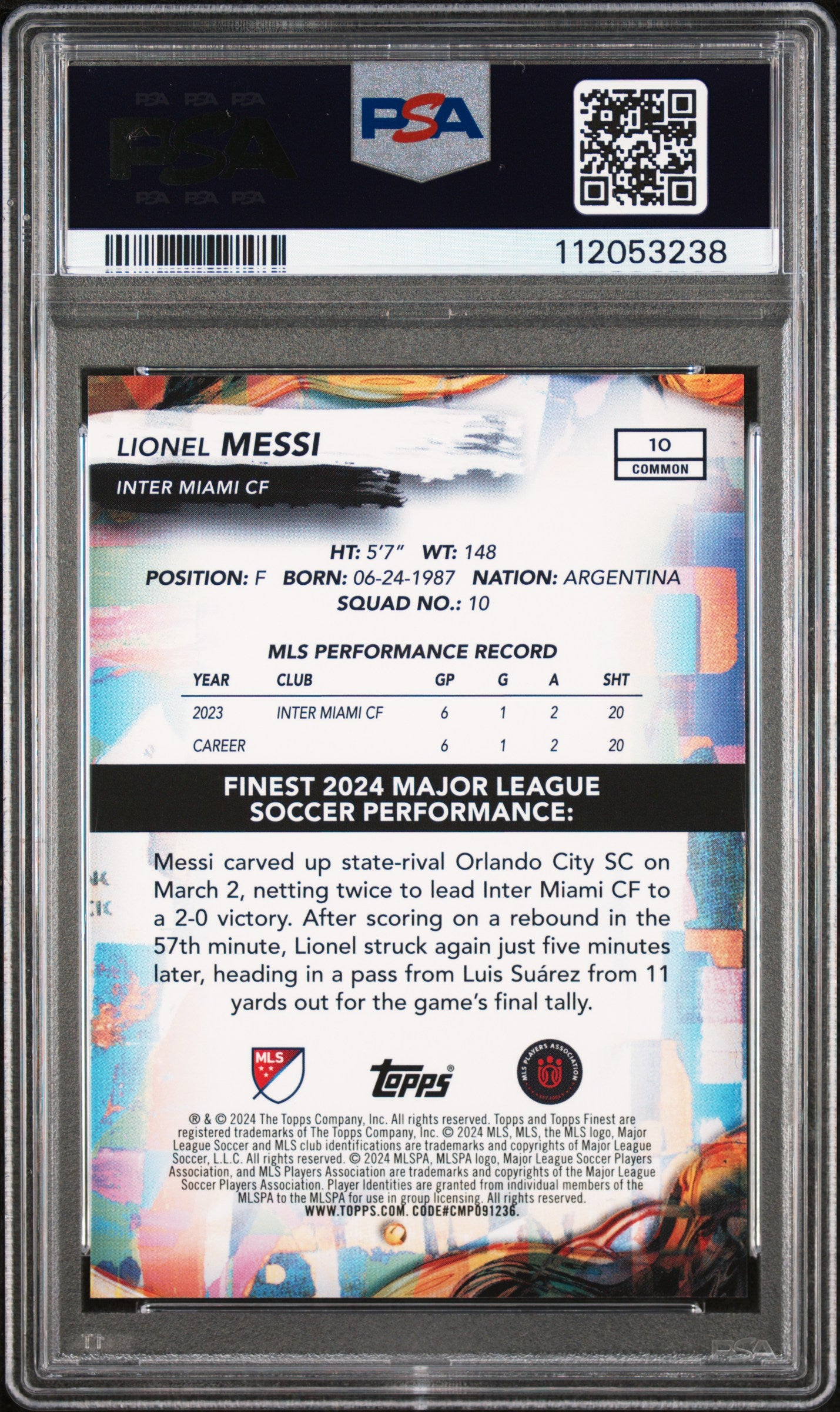 2024 Topps Finest Mls #10 Lionel Messi PSA 9