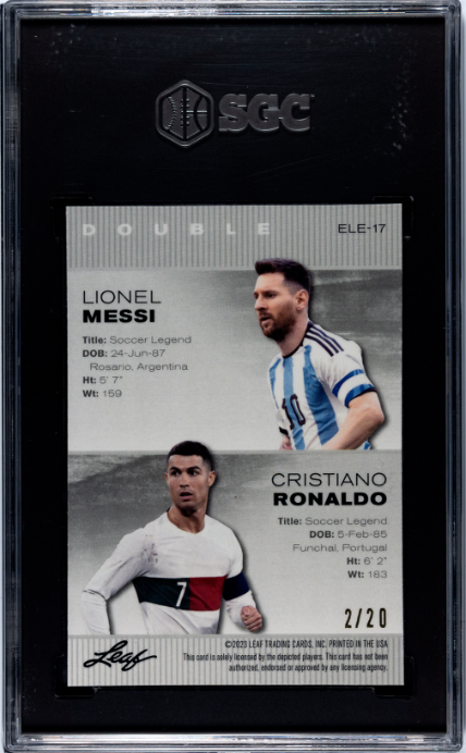2023 Leaf #ELE-17 Messi/Ronaldo Metal Exclusive Legends Blue Wave SGC 9.5