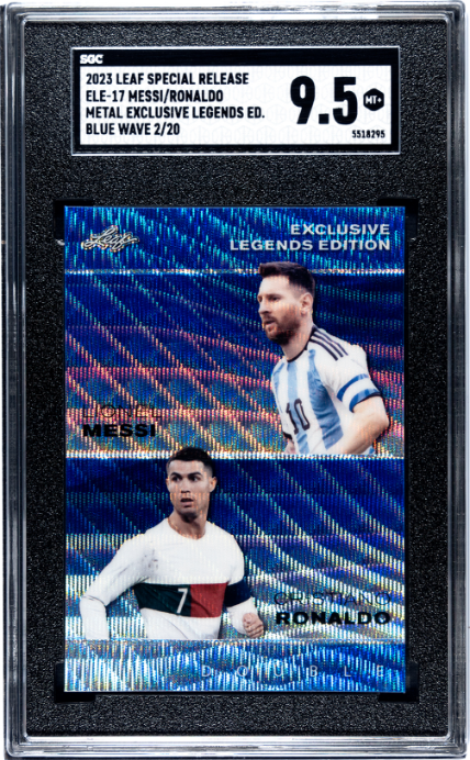2023 Leaf #ELE-17 Messi/Ronaldo Metal Exclusive Legends Blue Wave SGC 9.5