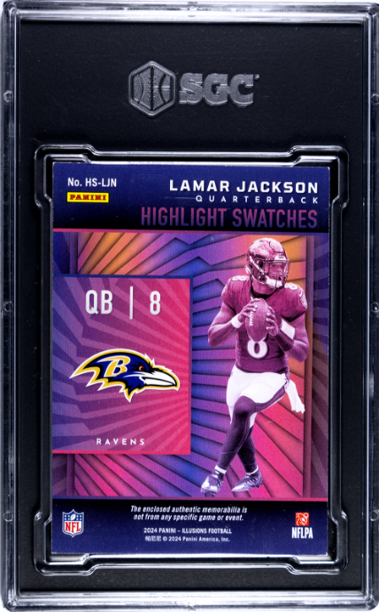 2024 Panini Illusions #HS-LJN Lamar Jackson Highlight Swatches Blue SGC 8