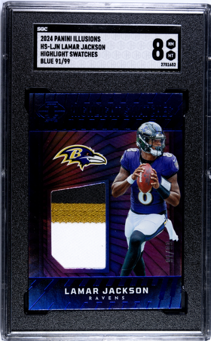 2024 Panini Illusions #HS-LJN Lamar Jackson Highlight Swatches Blue SGC 8