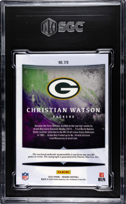2022 Panini Origins #170 Christian Watson Rookie Jumbo Mat. Auto. SGC 8