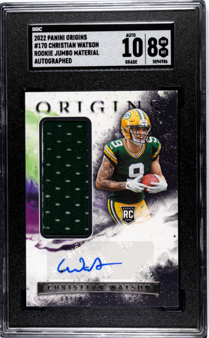 2022 Panini Origins #170 Christian Watson Rookie Jumbo Mat. Auto. SGC 8