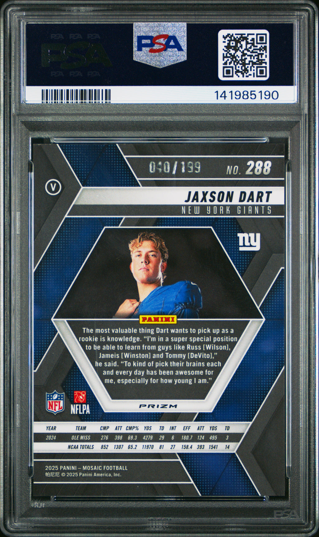 2025 Panini Mosaic #288 Jaxson Dart Orange PSA 8