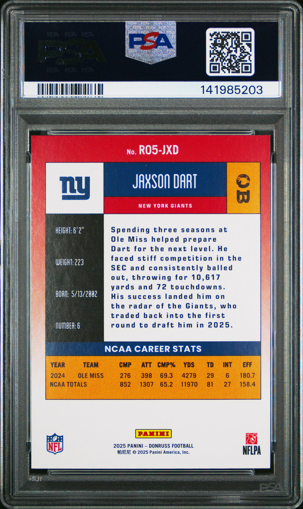 2025 Panini Donruss Retro 2005 #R05-JXD Jaxson Dart PSA 10