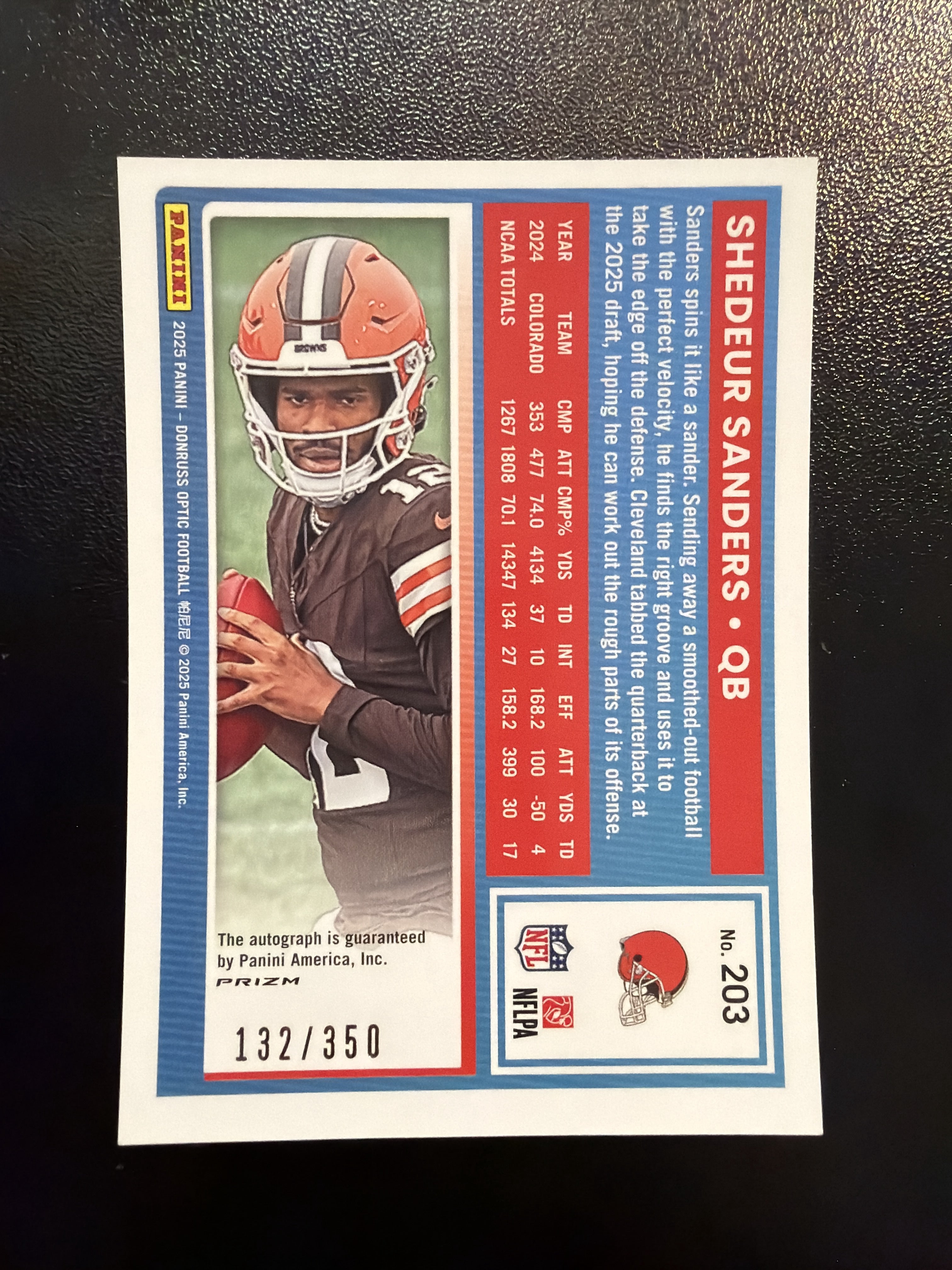 2025 Donruss Optic #203 Shedeur Sanders Rated Rookies RPS Autographs #/350