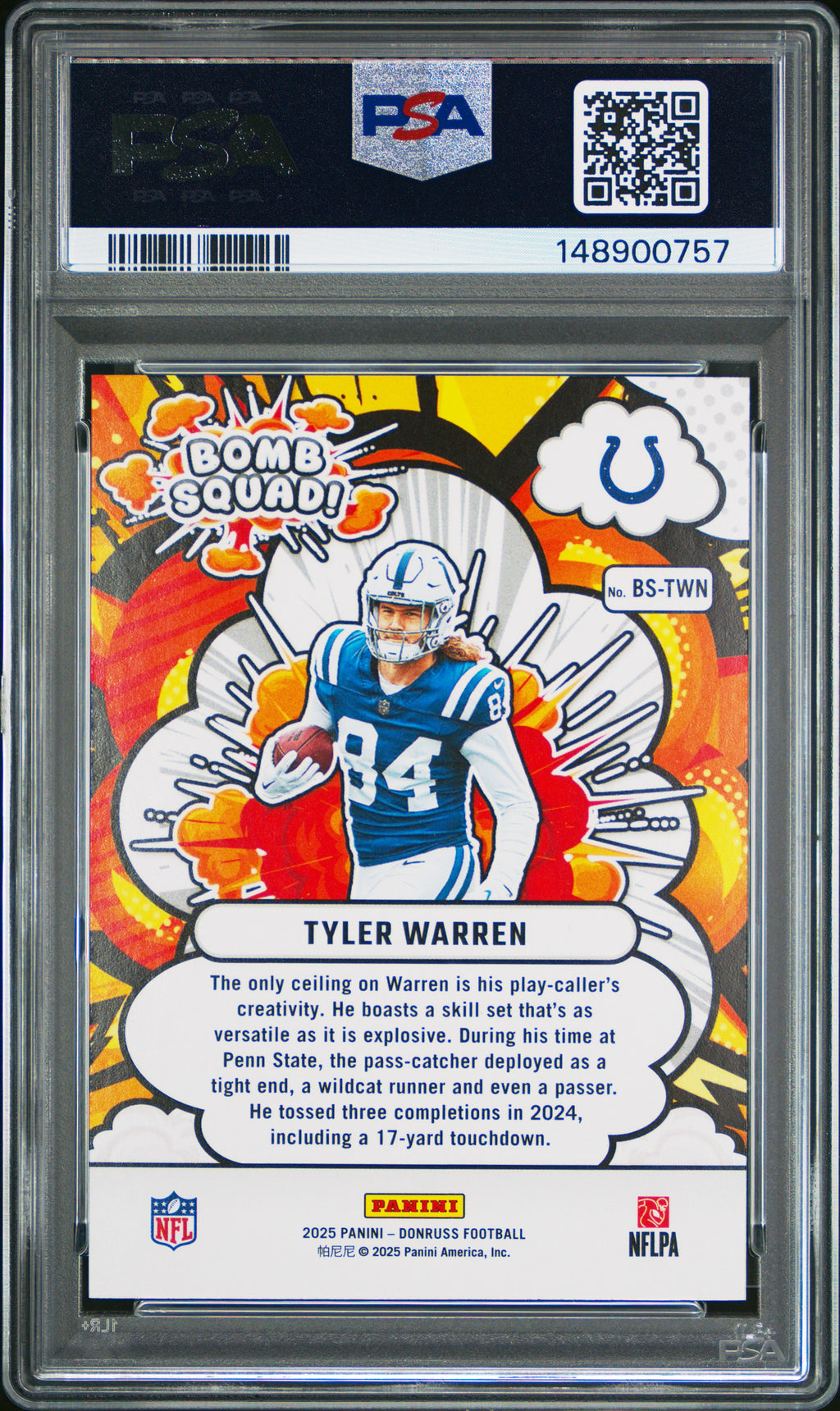2025 Panini Donruss Bomb Squad #BS-TWN Tyler Warren PSA 9
