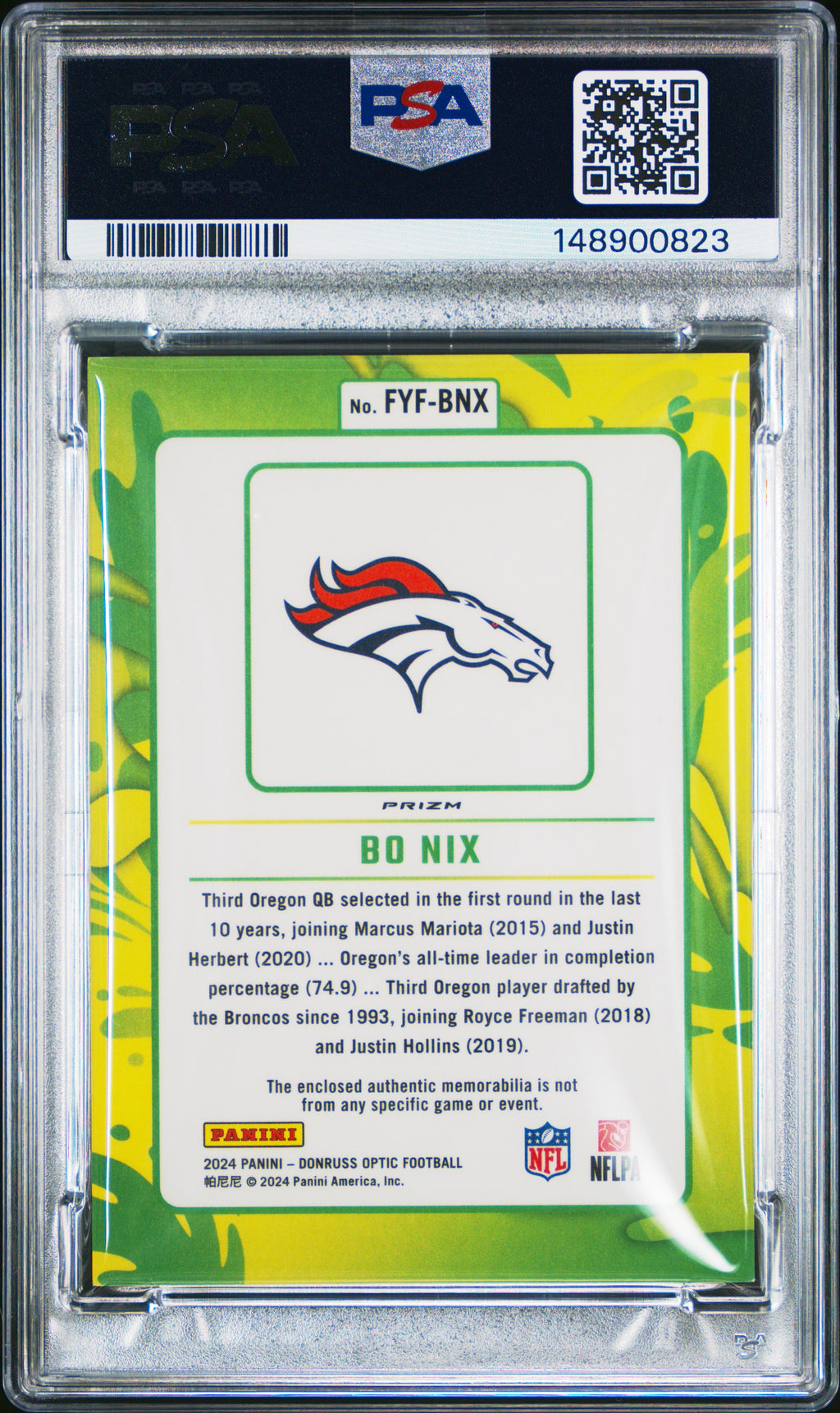 2024 Panini Donruss Optic First Year Fresh Relic #FYFBNX Bo Nix PSA 9