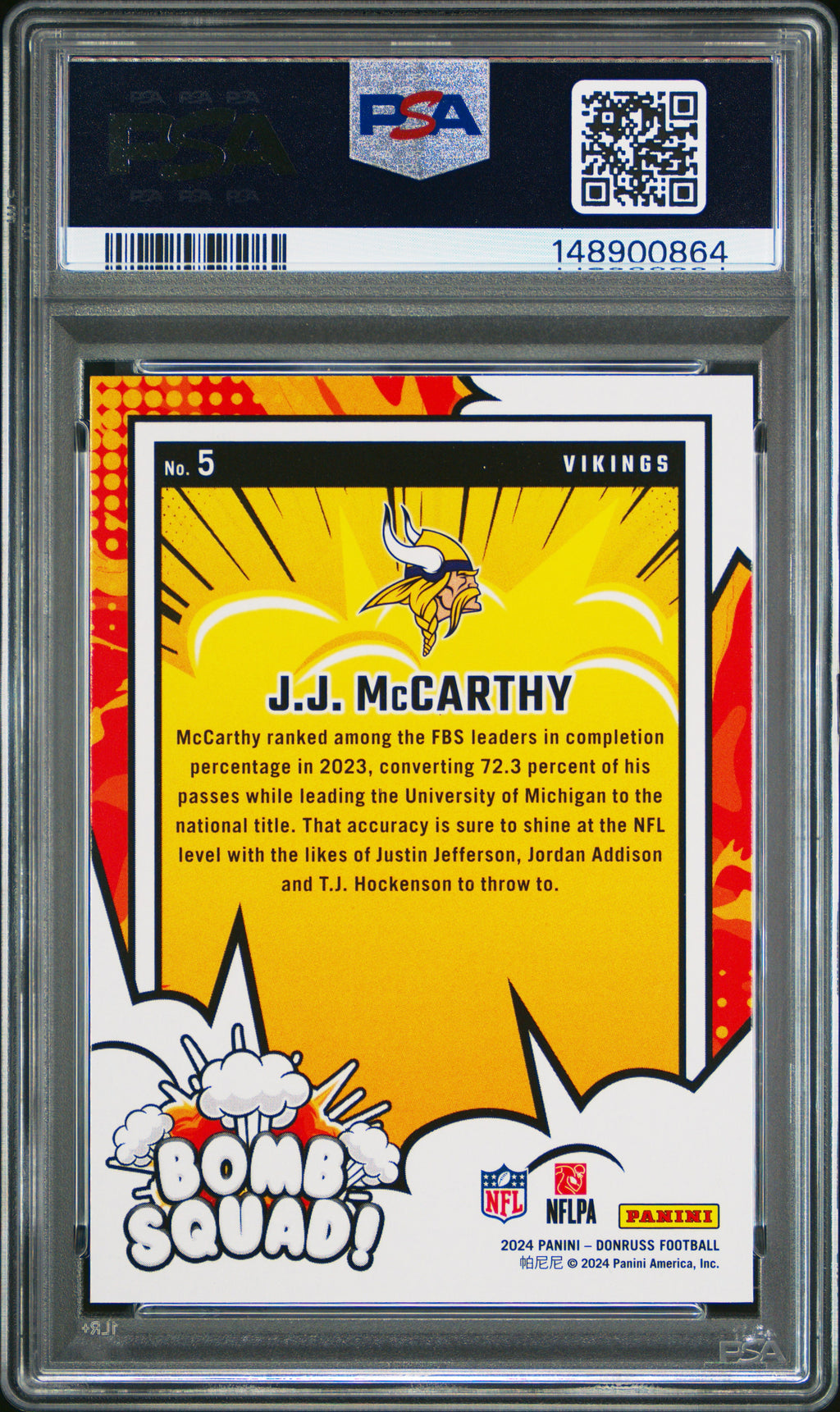 2024 Panini Donruss Bomb Squad #5 Jj Mccarthy PSA 10