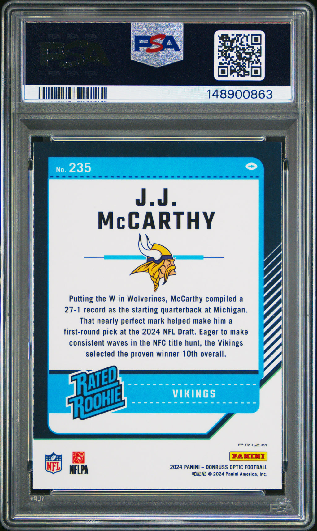 2024 Panini Donruss Optic #235 Jj Mccarthy Purple Scope PSA 10