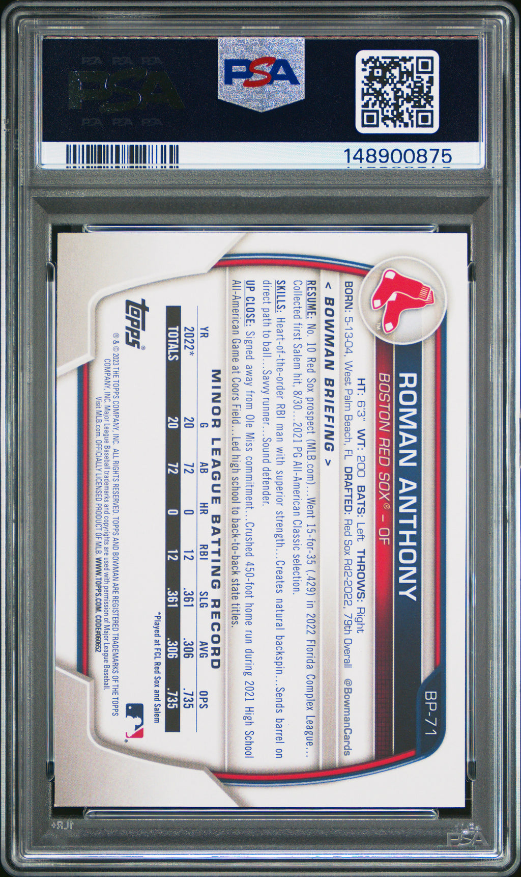 2023 Bowman Paper Prospects #BP71 Roman Anthony Paper Prospects PSA 9