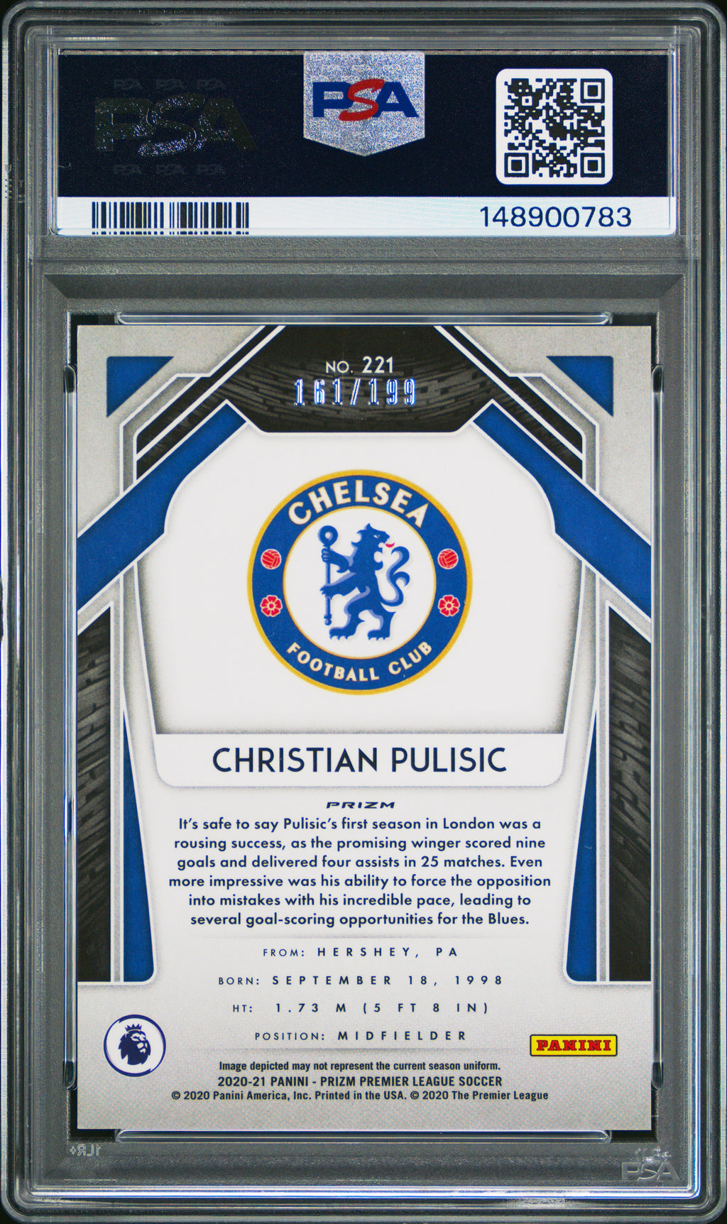 2020 Panini Prizm Premier League #221 Christian Pulisic Blue Prizm PSA 10