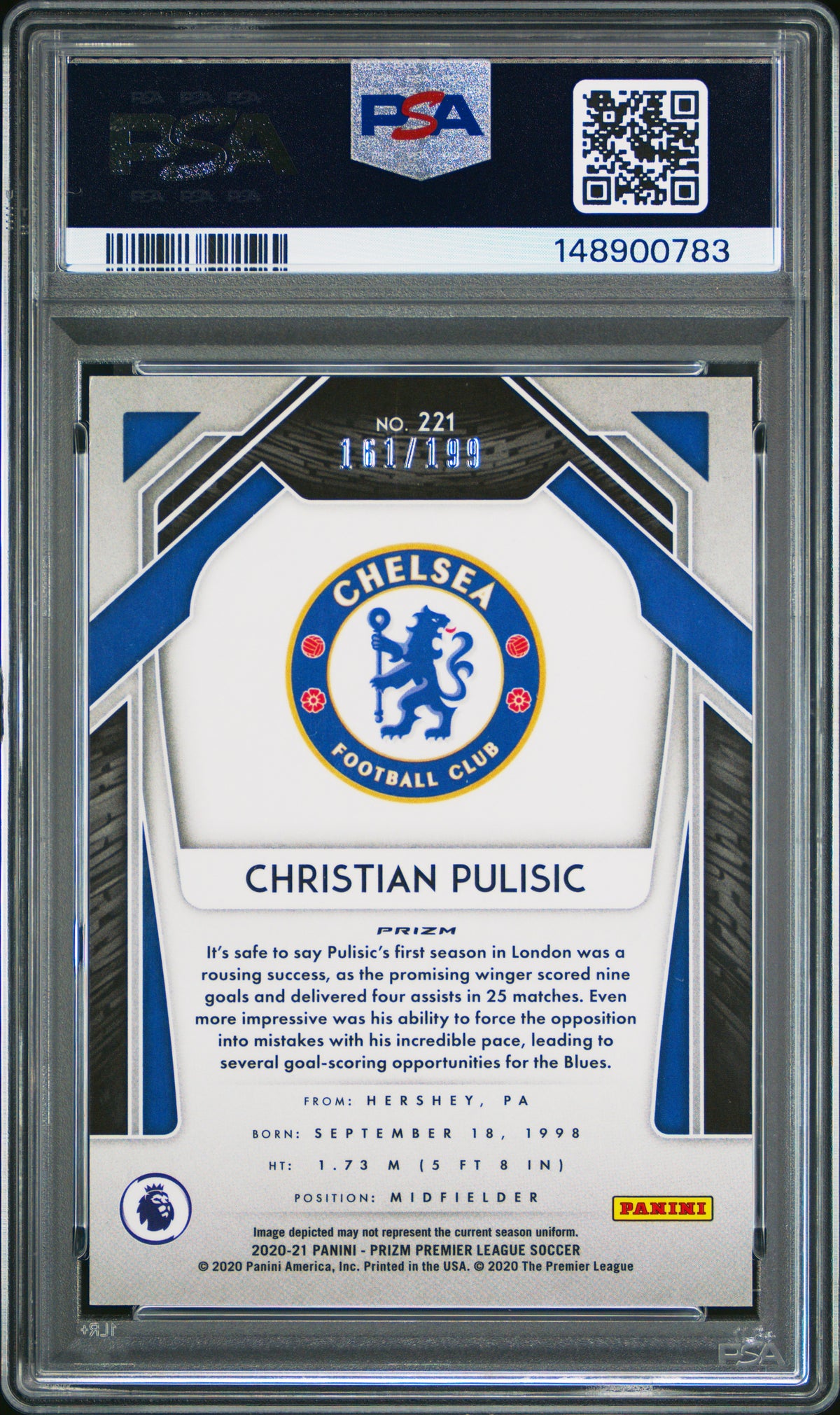 2020 Panini Prizm Premier League #221 Christian Pulisic Blue Prizm PSA 10