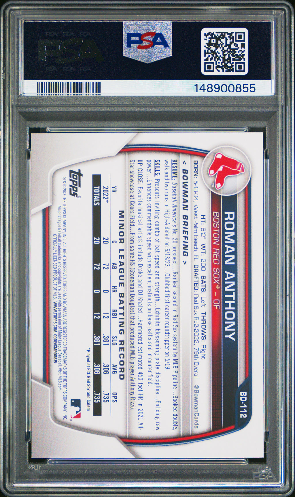 2023 Bowman Draft #BD112 Roman Anthony PSA 9