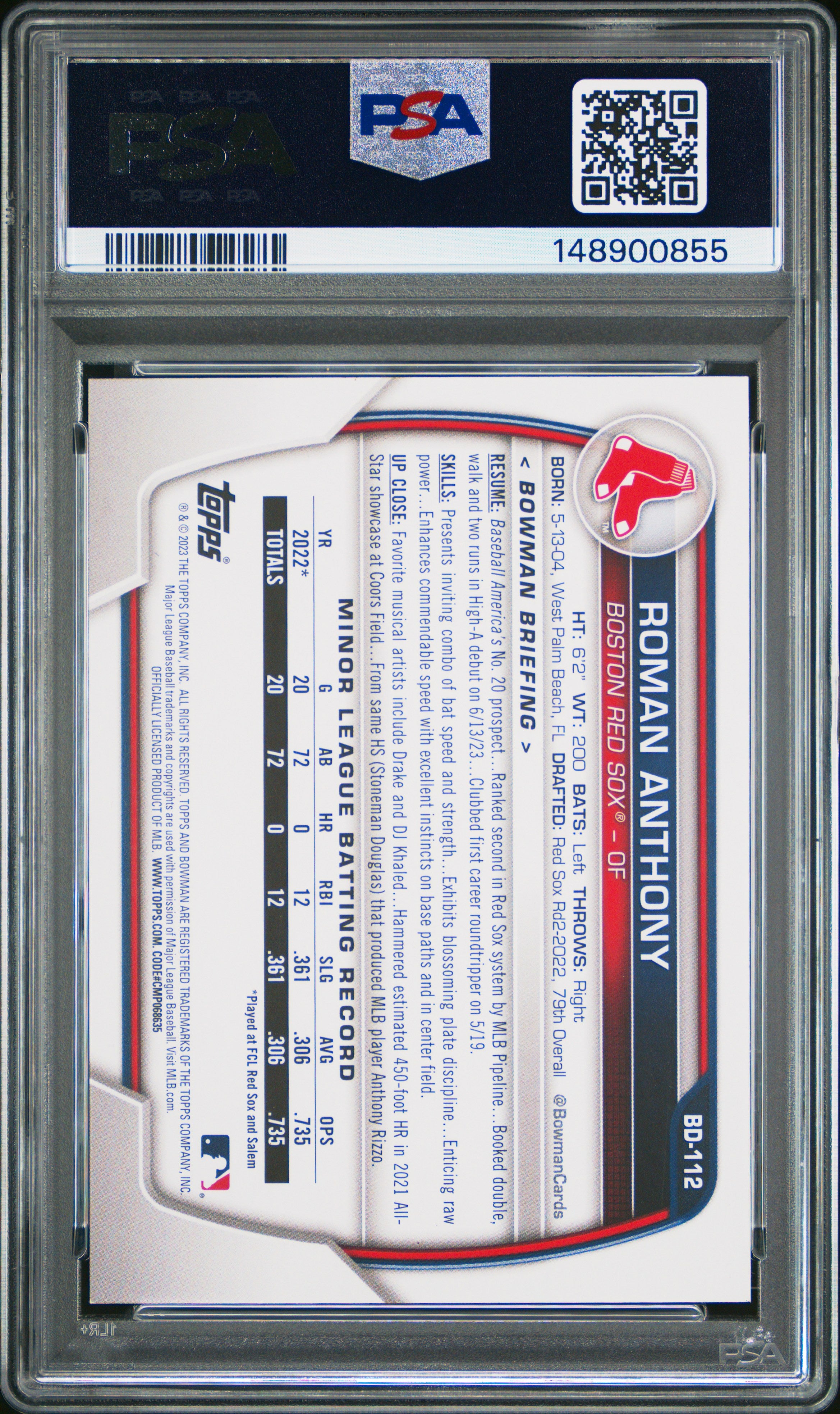 2023 Bowman Draft #BD112 Roman Anthony PSA 9