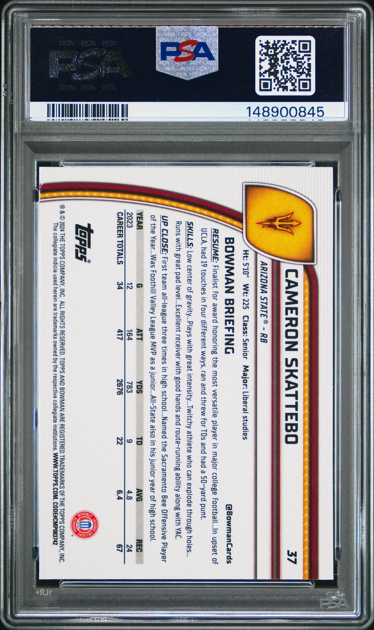 2024 Bowman University Chrome #37 Cameron Skattebo PSA 9