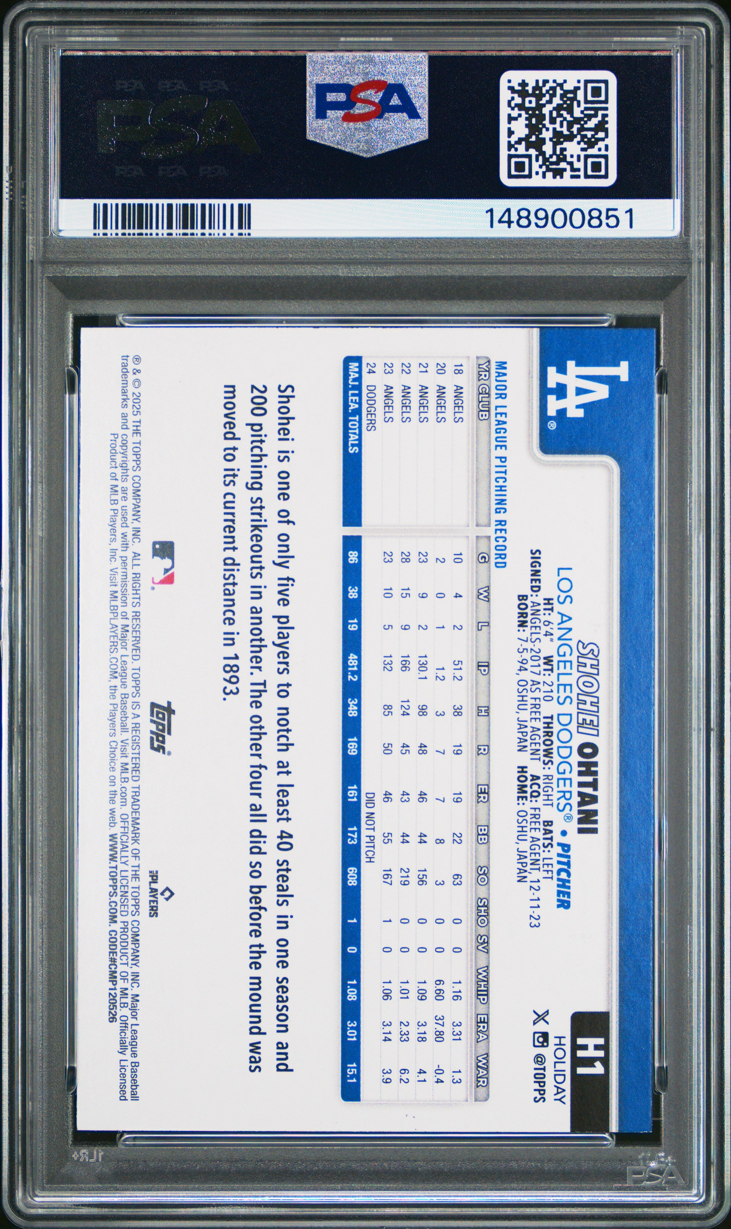 2025 Topps Holiday #H1 Shohei Ohtani Light Blue & White Glitter PSA 9